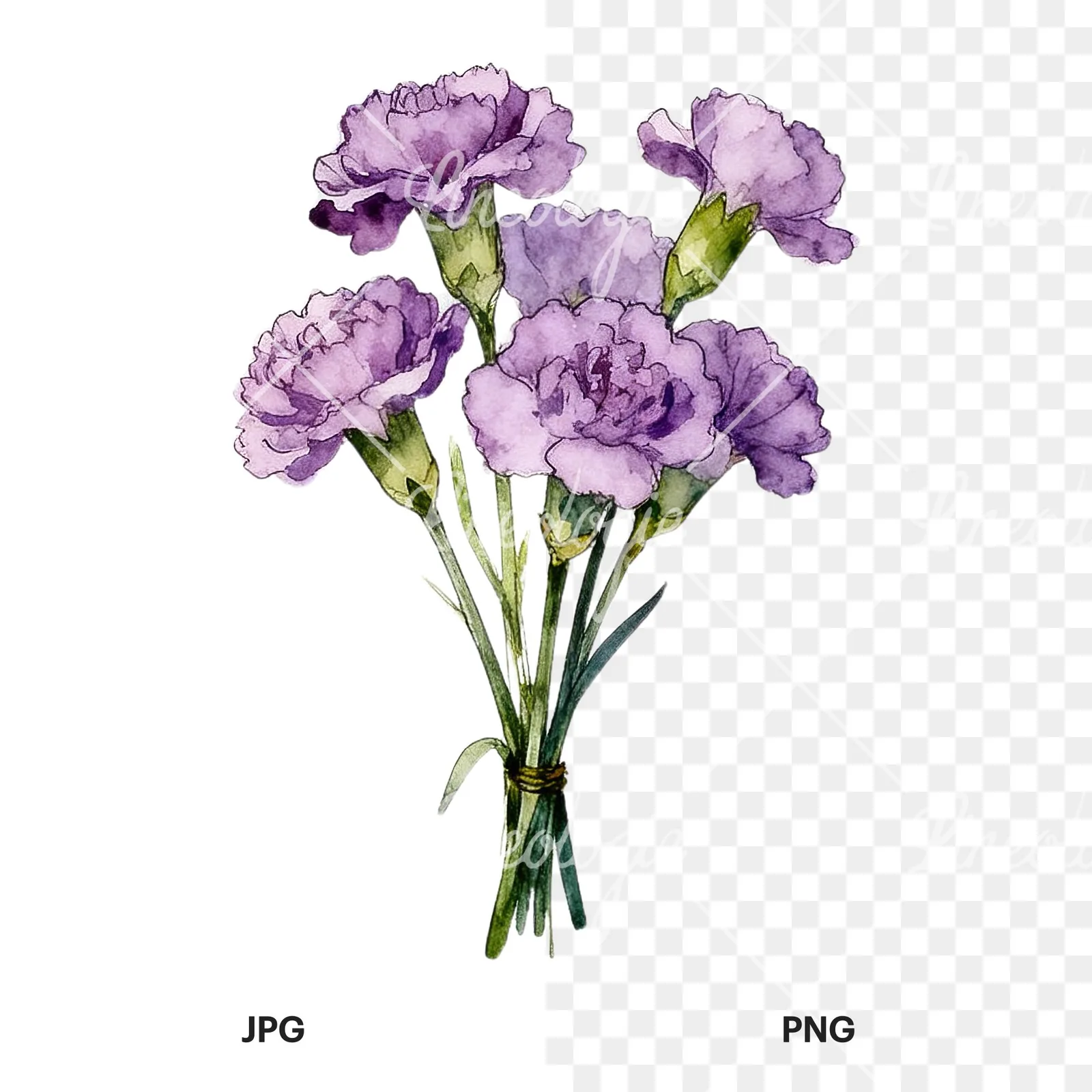 Watercolor light purple carnation bouquet clipart 1 of 9, as a JPG on white and a transparent PNG