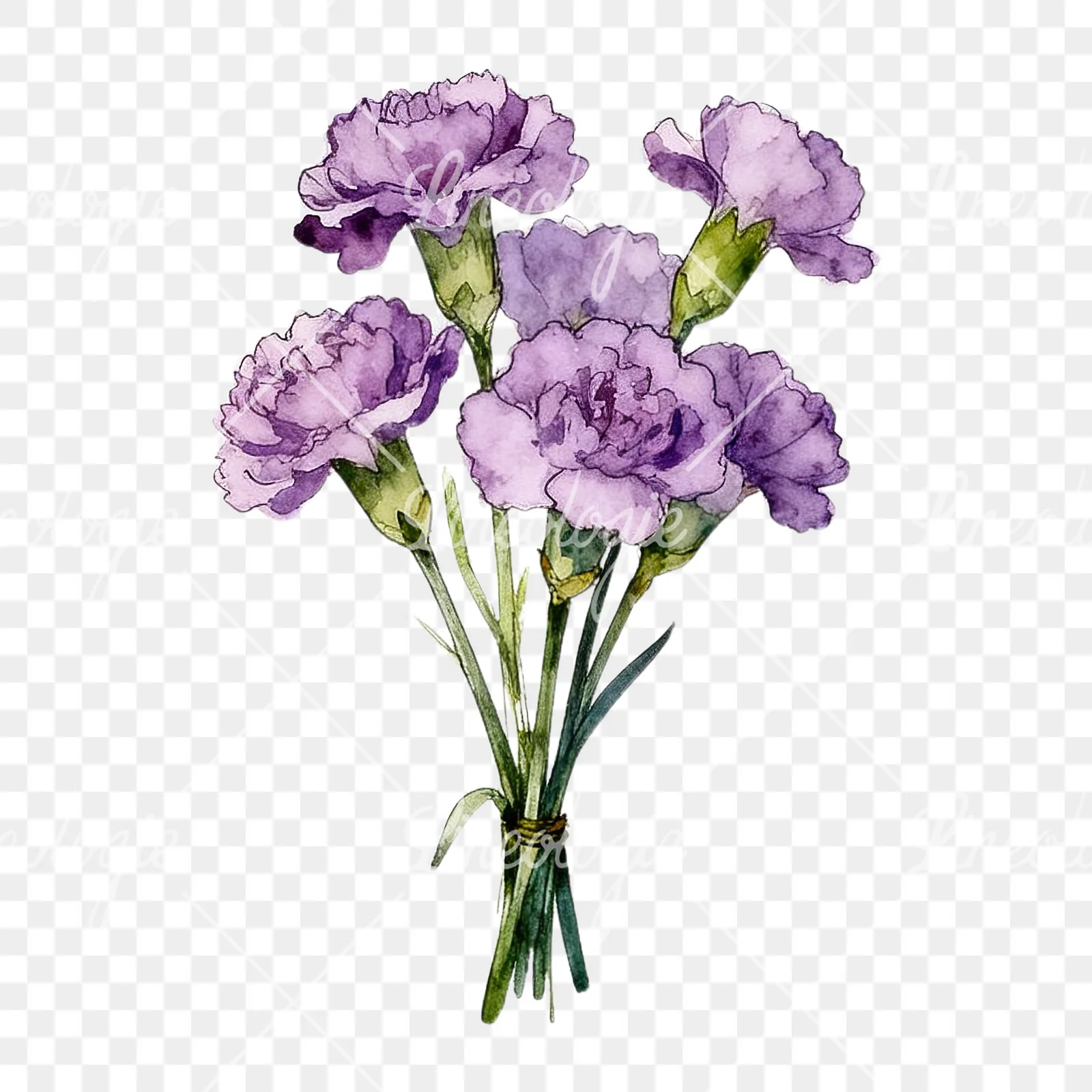 Watercolor light purple carnation bouquet clipart 1 of 9 on a transparent background (PNG)