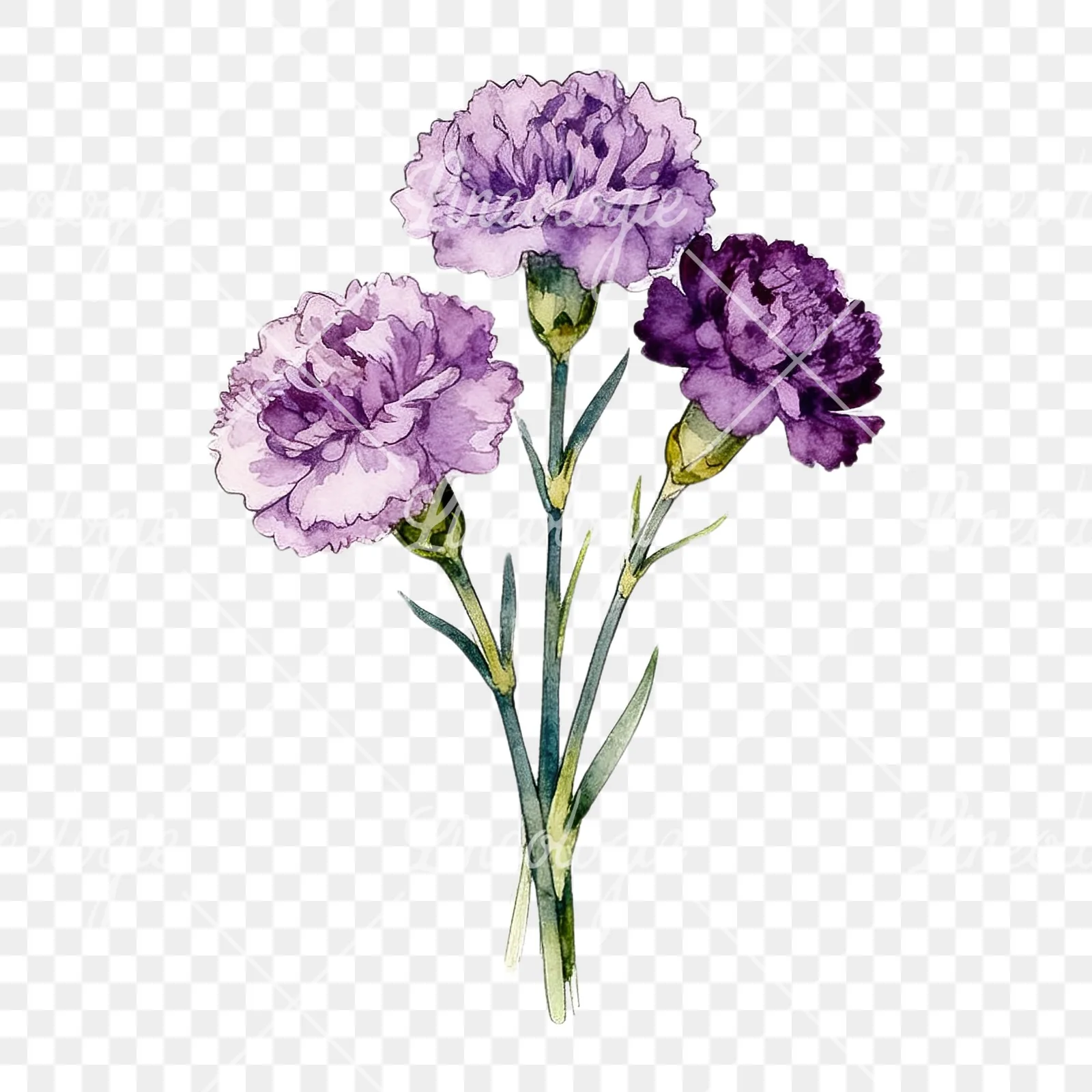 Watercolor light purple carnation bouquet clipart 2 of 9 on a transparent background (PNG)