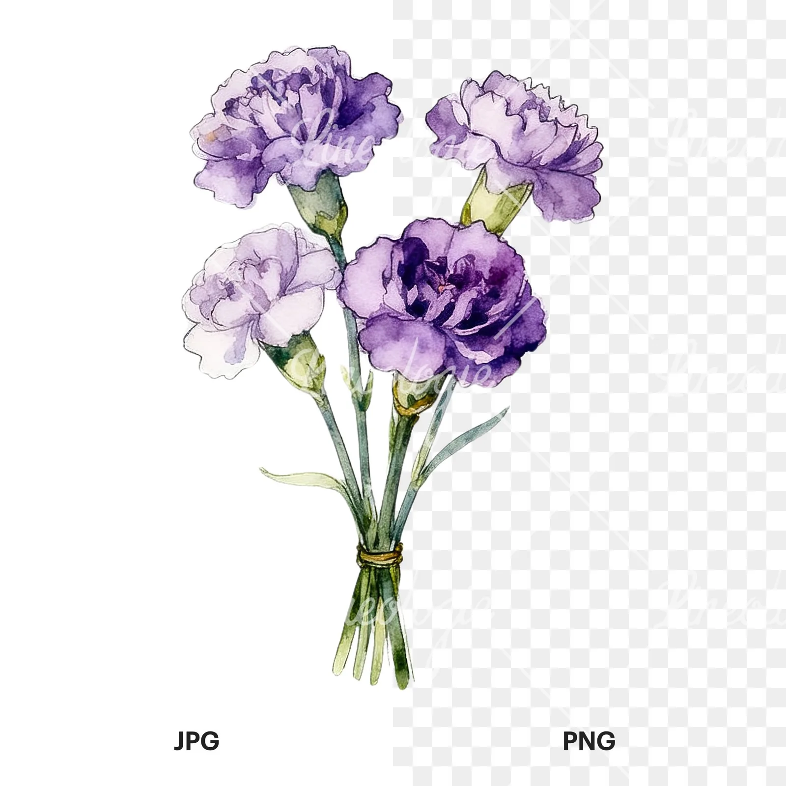 Watercolor light purple carnation bouquet clipart 3 of 9, as a JPG on white and a transparent PNG