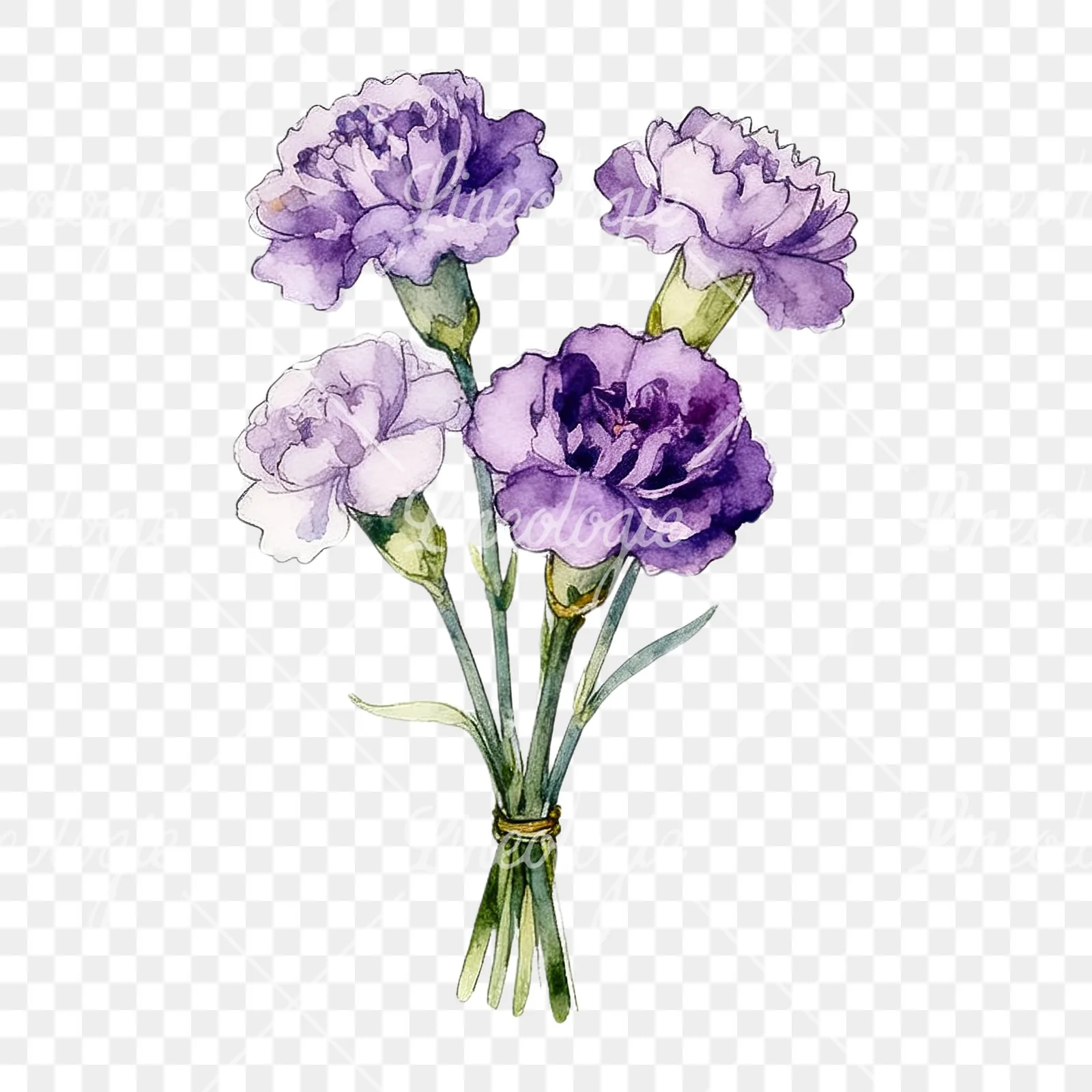 Watercolor light purple carnation bouquet clipart 3 of 9 on a transparent background (PNG)