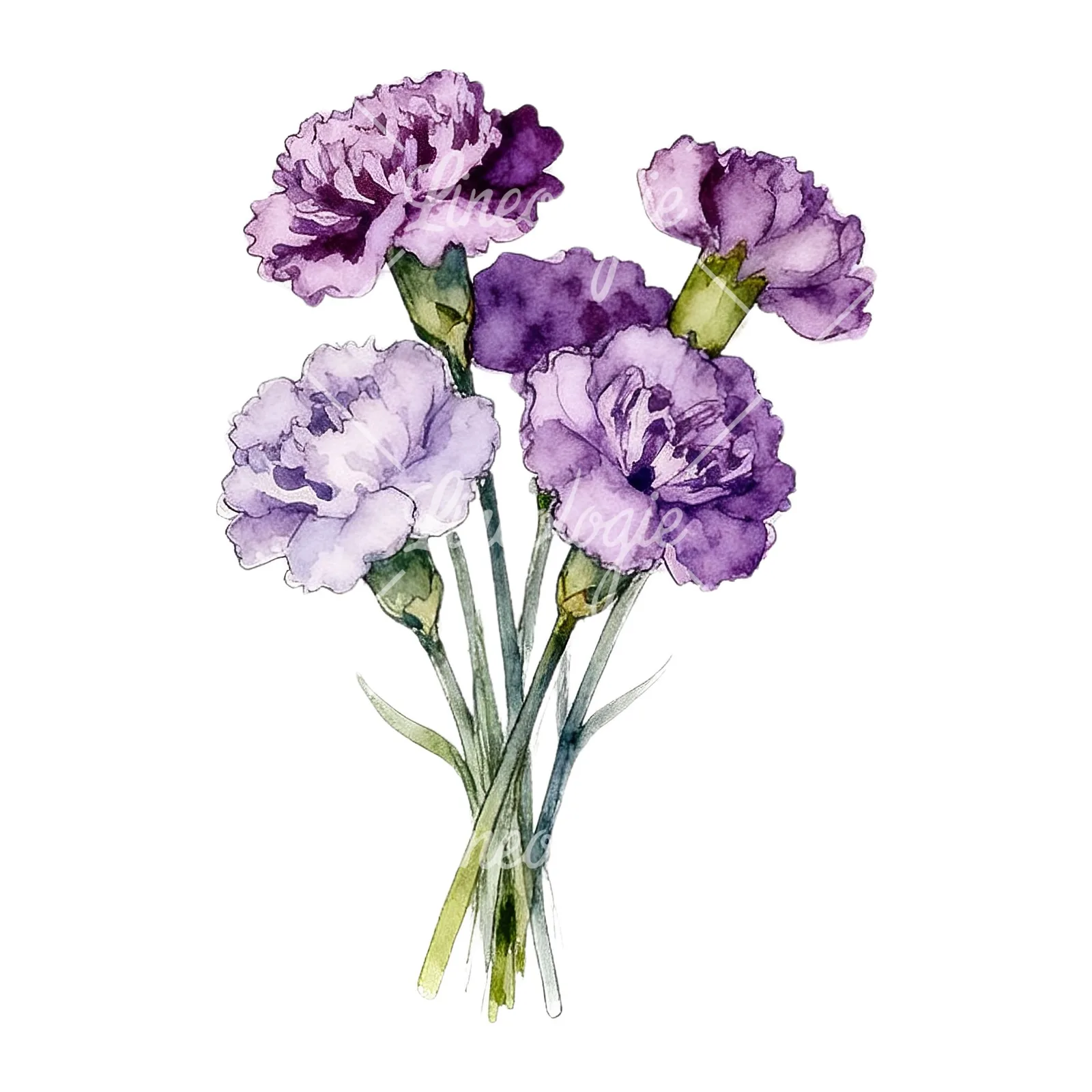 Watercolor light purple carnation bouquet clipart 4 of 9 on a white background (JPG)