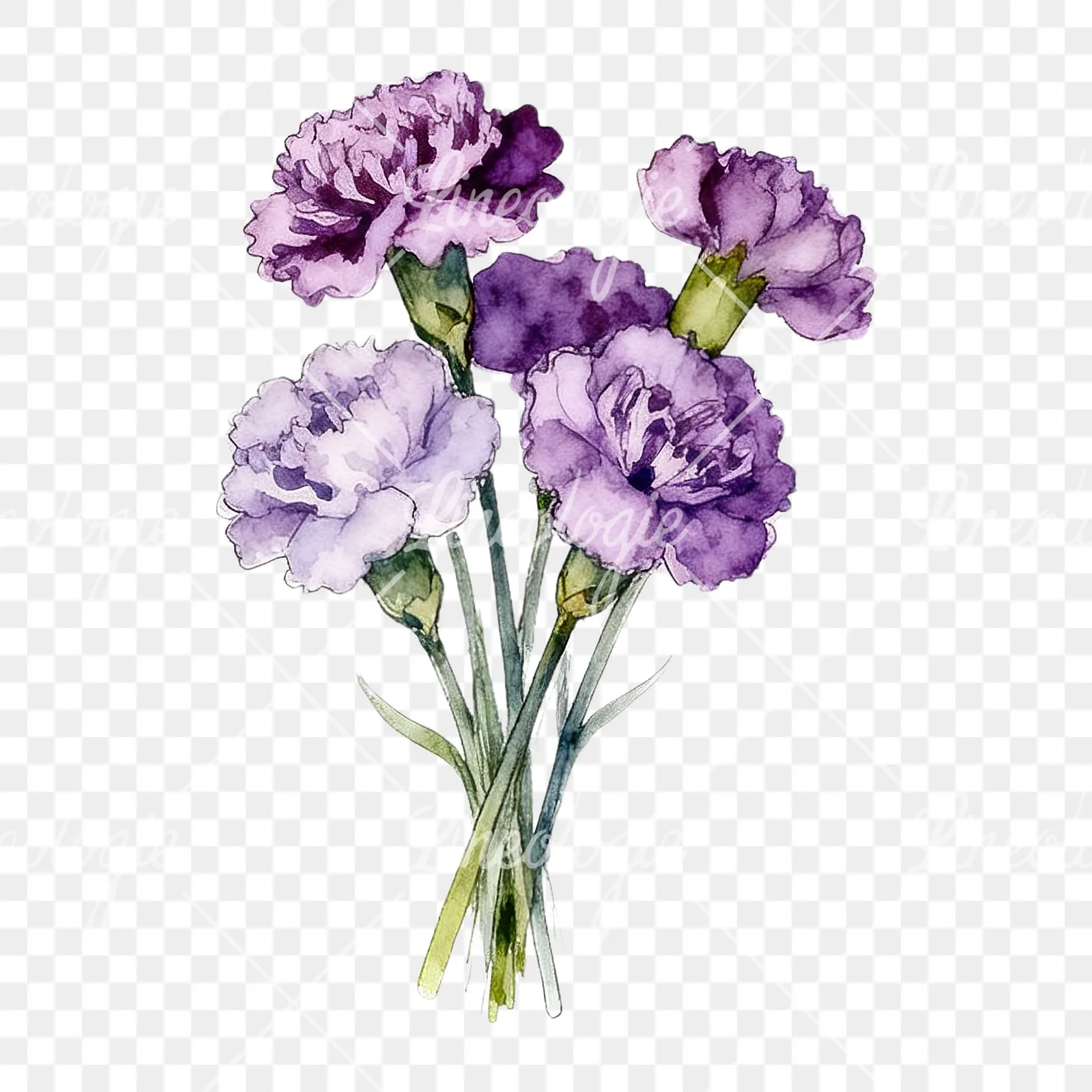 Watercolor light purple carnation bouquet clipart 4 of 9 on a transparent background (PNG)