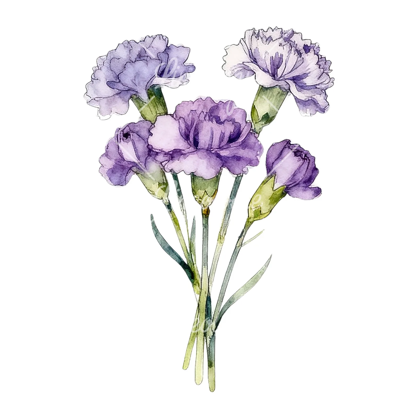 Watercolor light purple carnation bouquet clipart 5 of 9 on a white background (JPG)
