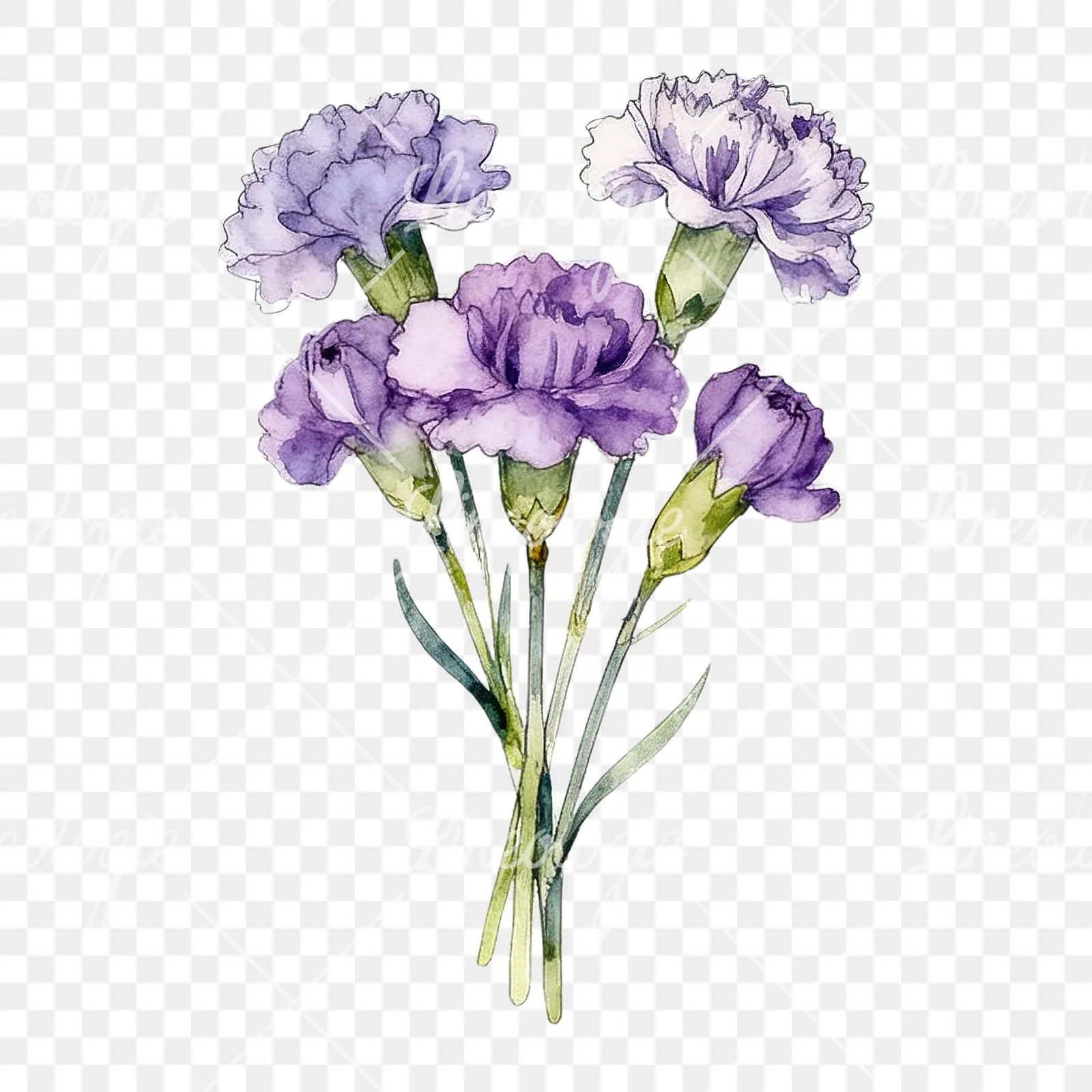 Watercolor light purple carnation bouquet clipart 5 of 9 on a transparent background (PNG)