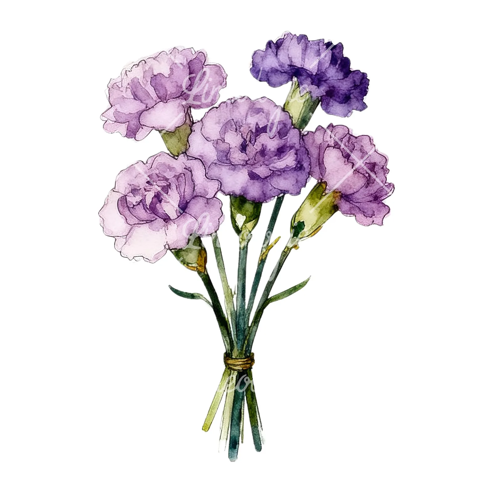 Watercolor light purple carnation bouquet clipart 6 of 9 on a white background (JPG)