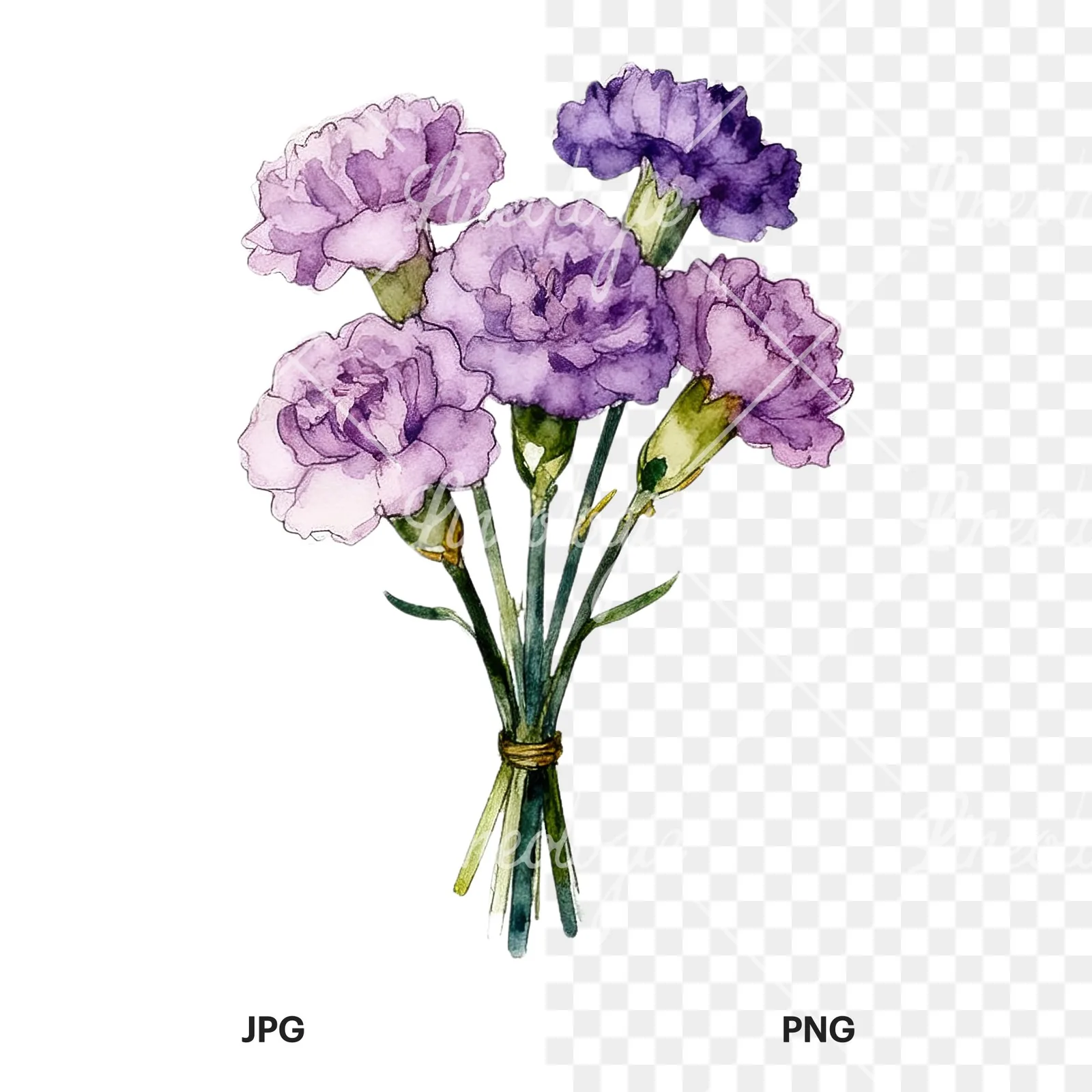 Watercolor light purple carnation bouquet clipart 6 of 9, as a JPG on white and a transparent PNG