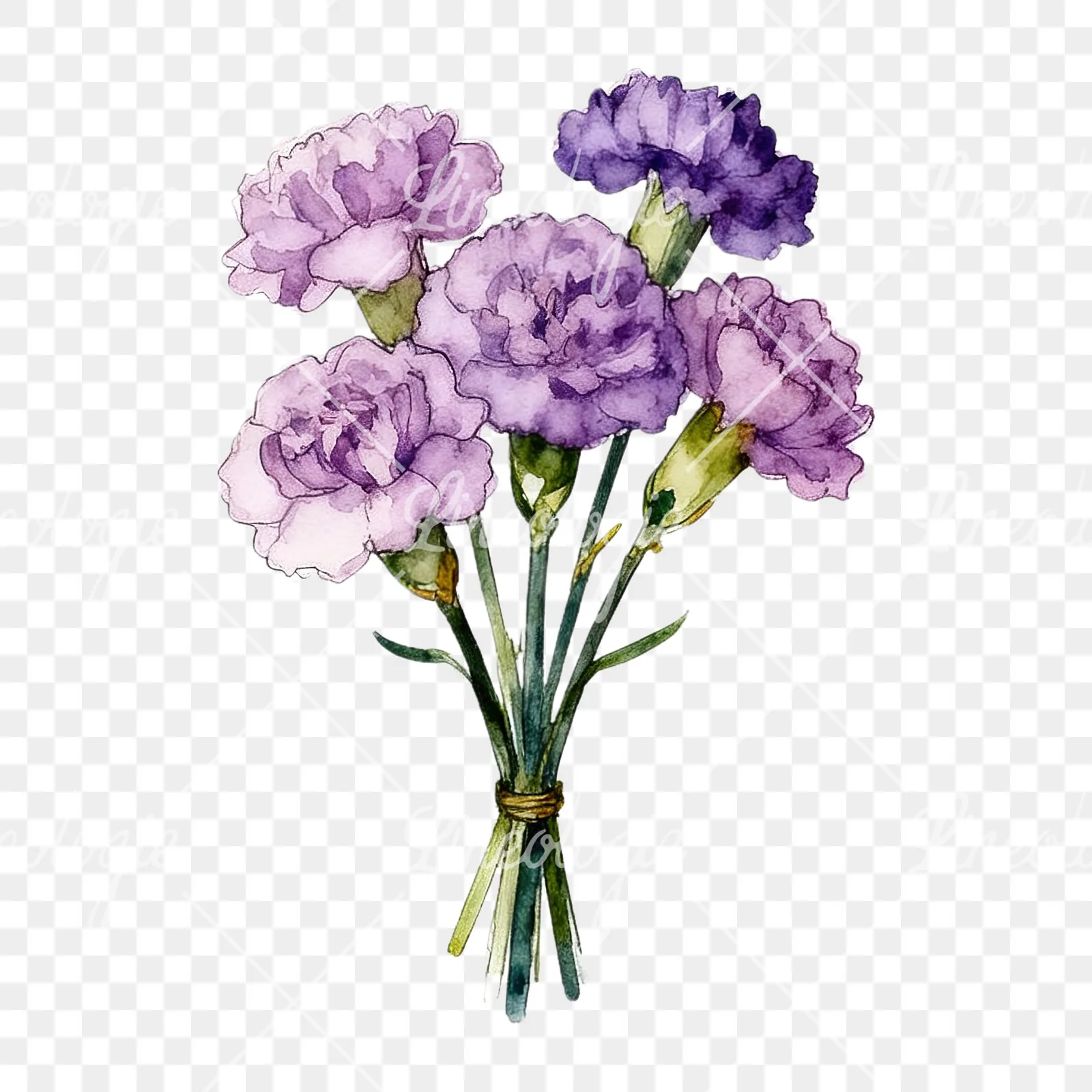 Watercolor light purple carnation bouquet clipart 6 of 9 on a transparent background (PNG)