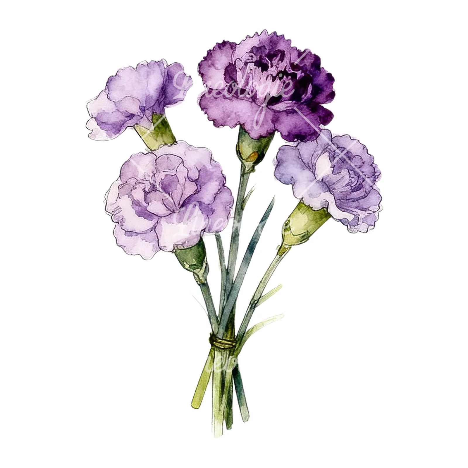Watercolor light purple carnation bouquet clipart 7 of 9 on a white background (JPG)