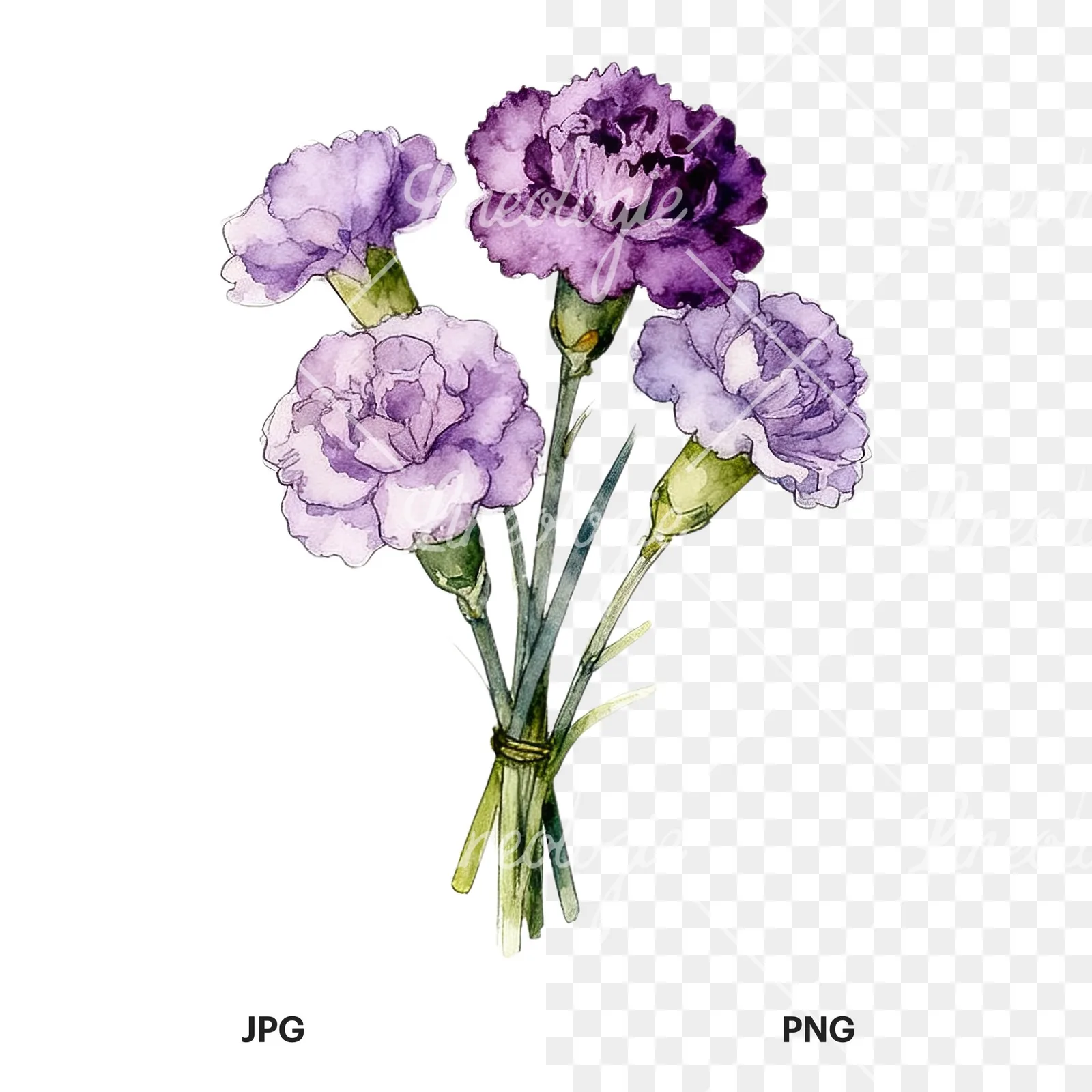 Watercolor light purple carnation bouquet clipart 7 of 9, as a JPG on white and a transparent PNG