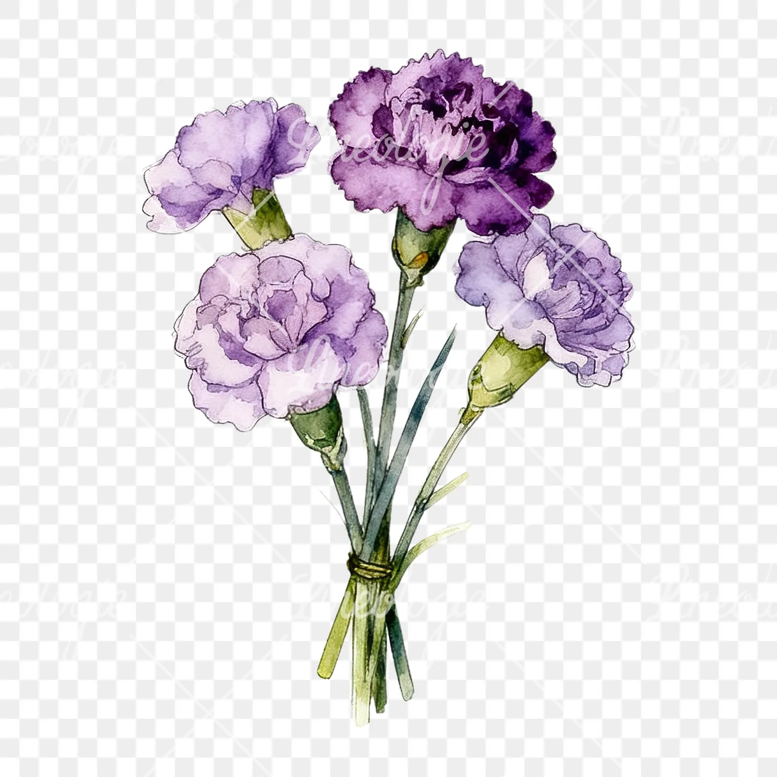 Watercolor light purple carnation bouquet clipart 7 of 9 on a transparent background (PNG)
