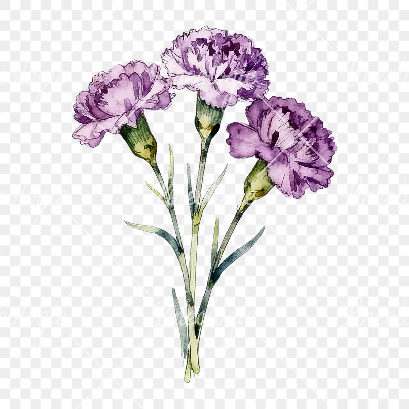 Watercolor light purple carnation bouquet clipart 8 of 9 on a transparent background (PNG)