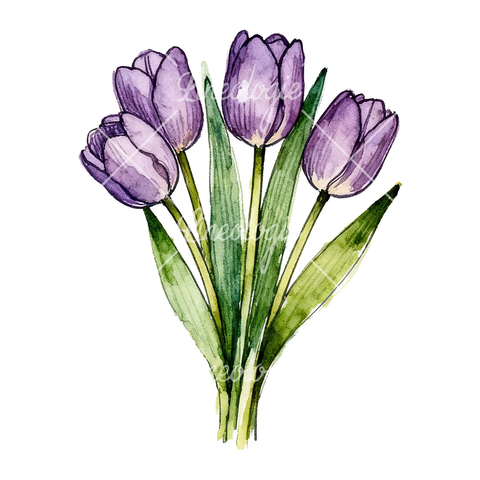 Watercolor tight purple tulip bouquet clipart 1 of 9 on a white background (JPG)