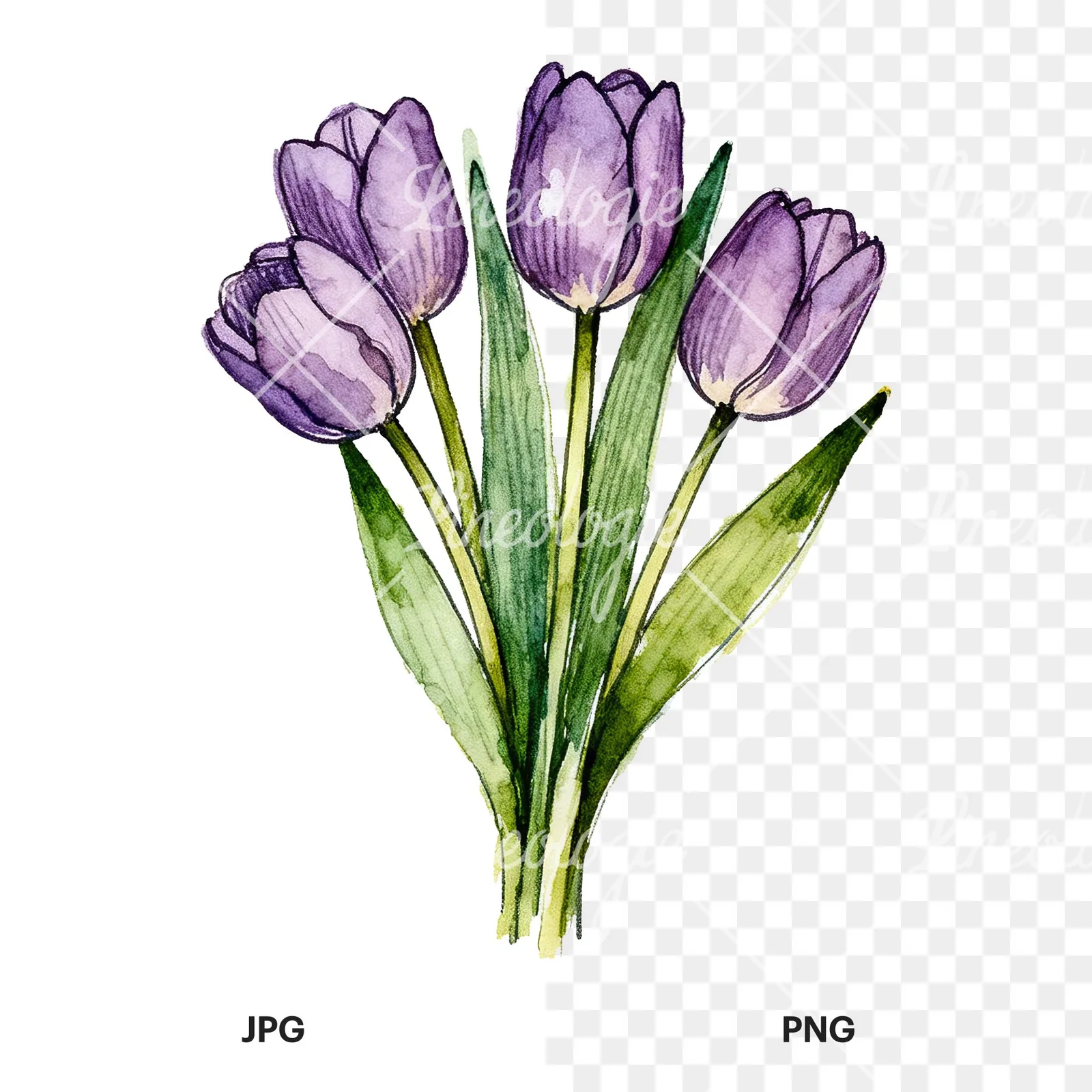 Watercolor tight purple tulip bouquet clipart 1 of 9, as a JPG on white and a transparent PNG