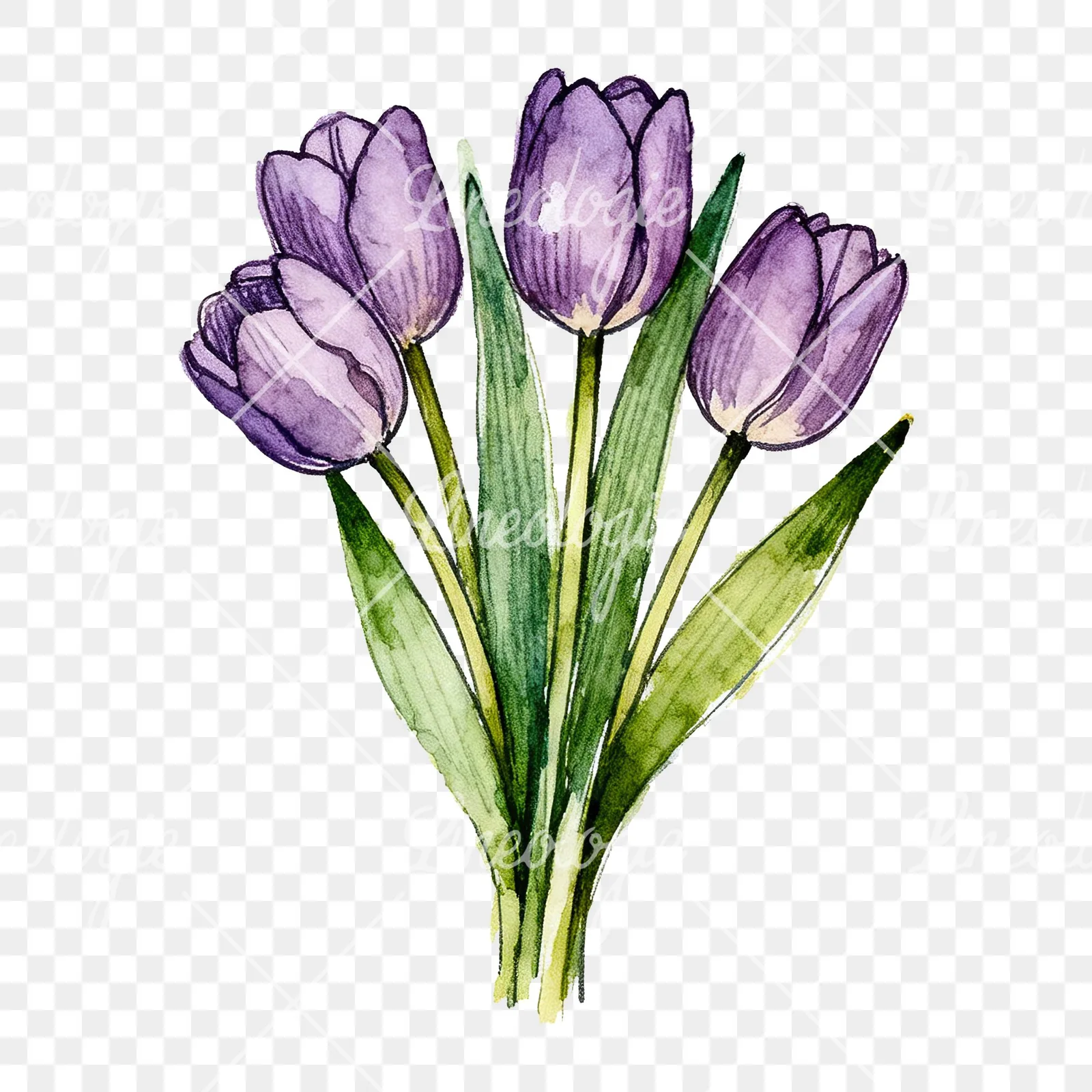 Watercolor tight purple tulip bouquet clipart 1 of 9 on a transparent background (PNG)
