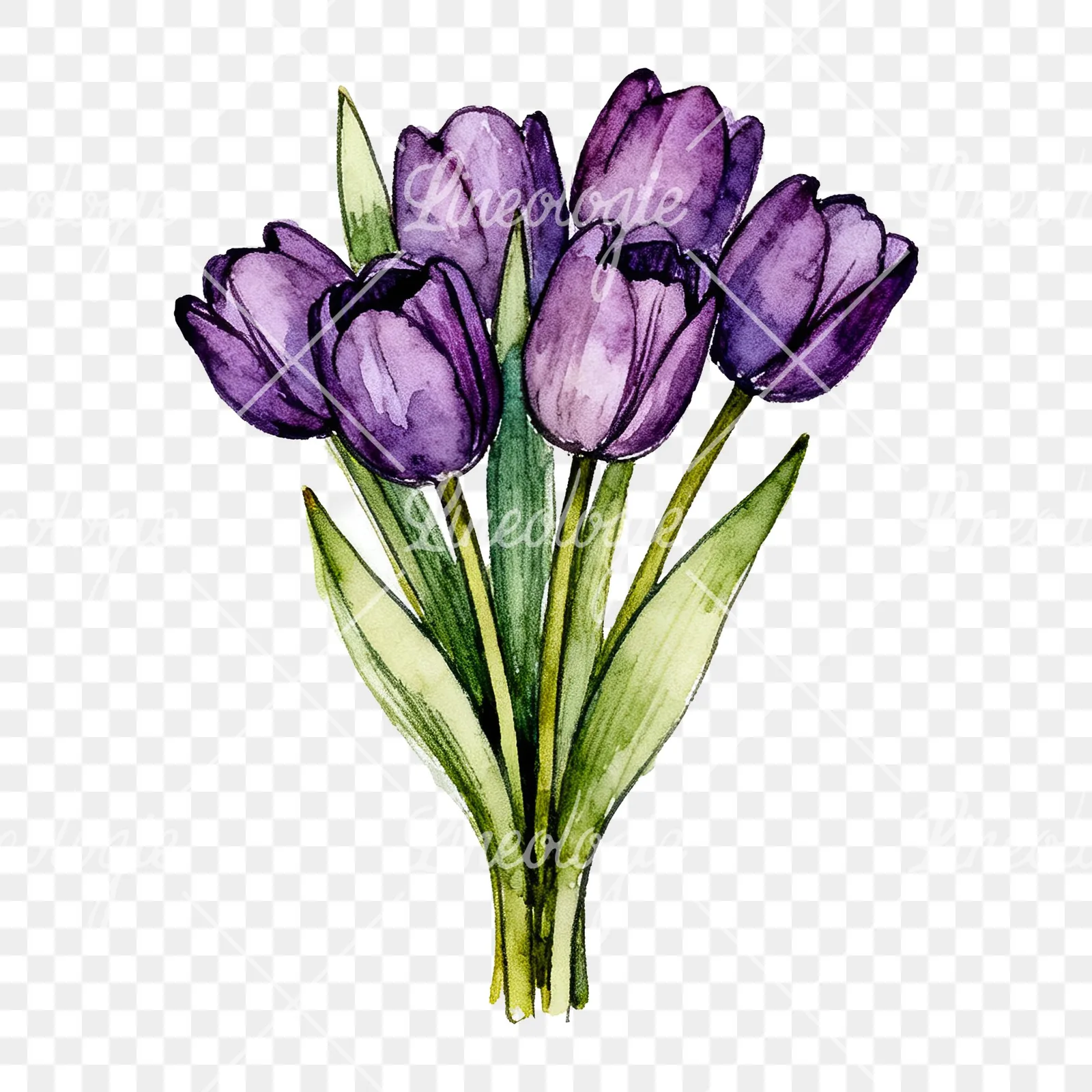 Watercolor tight purple tulip bouquet clipart 2 of 9 on a transparent background (PNG)