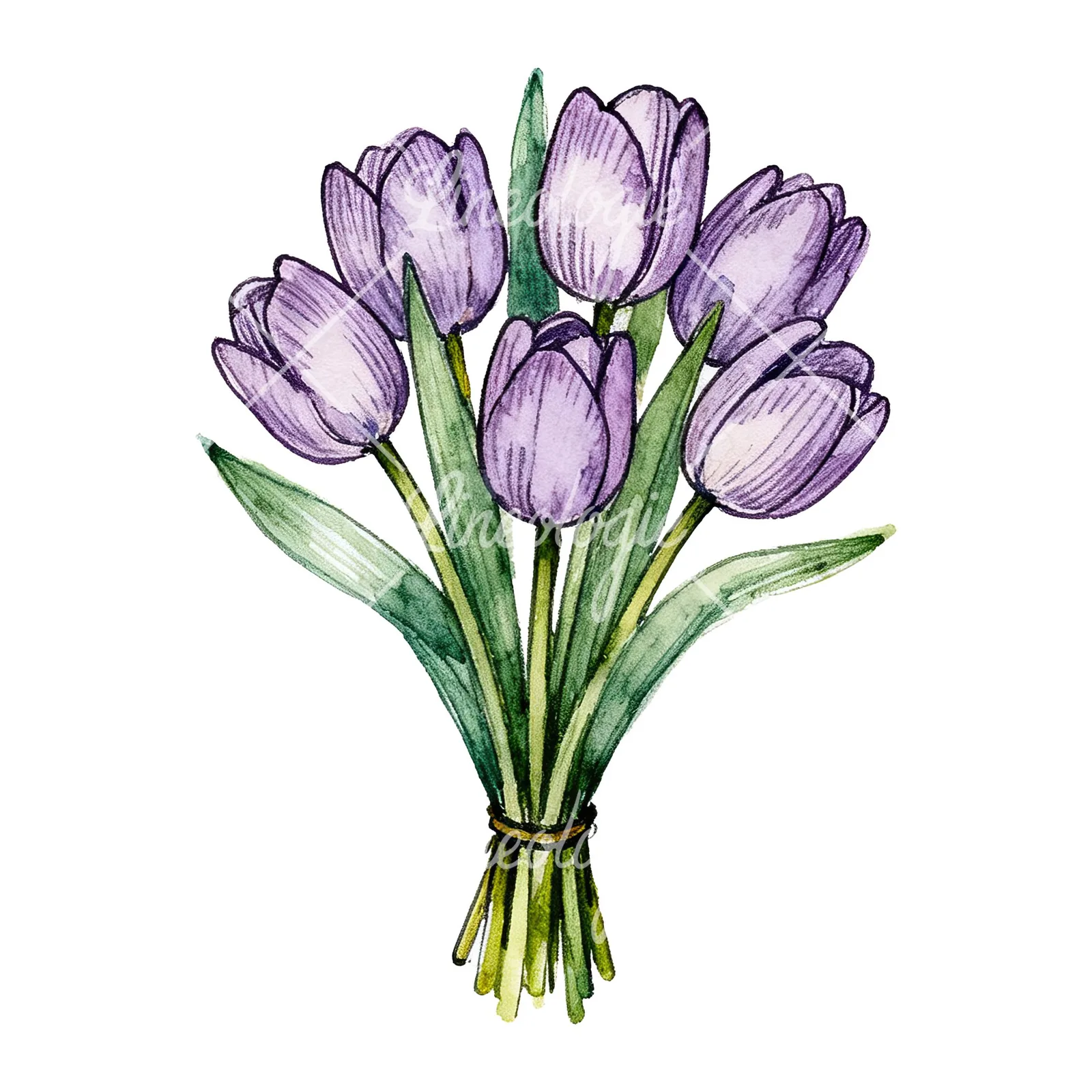 Watercolor tight purple tulip bouquet clipart 3 of 9 on a white background (JPG)