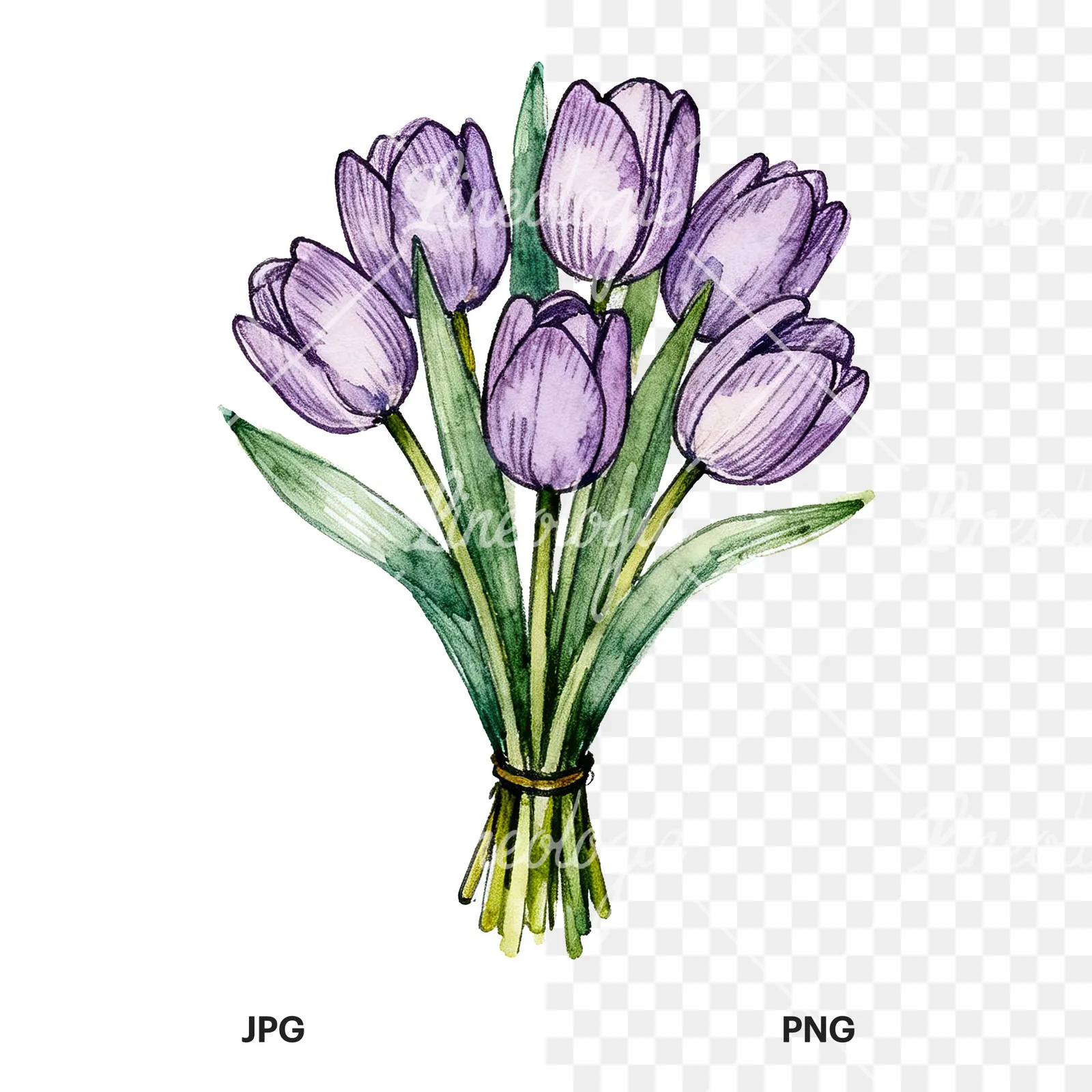 Watercolor tight purple tulip bouquet clipart 3 of 9, as a JPG on white and a transparent PNG