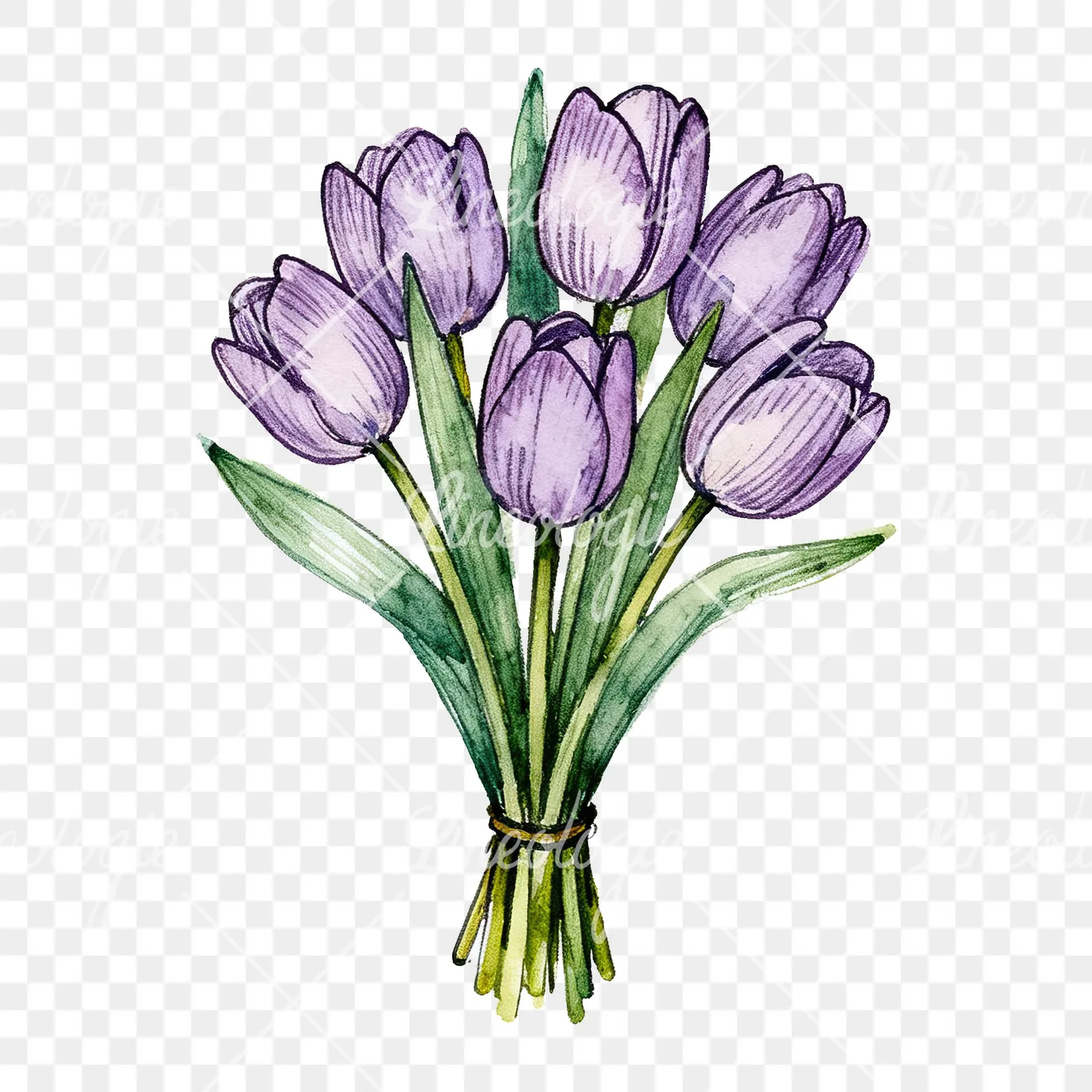 Watercolor tight purple tulip bouquet clipart 3 of 9 on a transparent background (PNG)