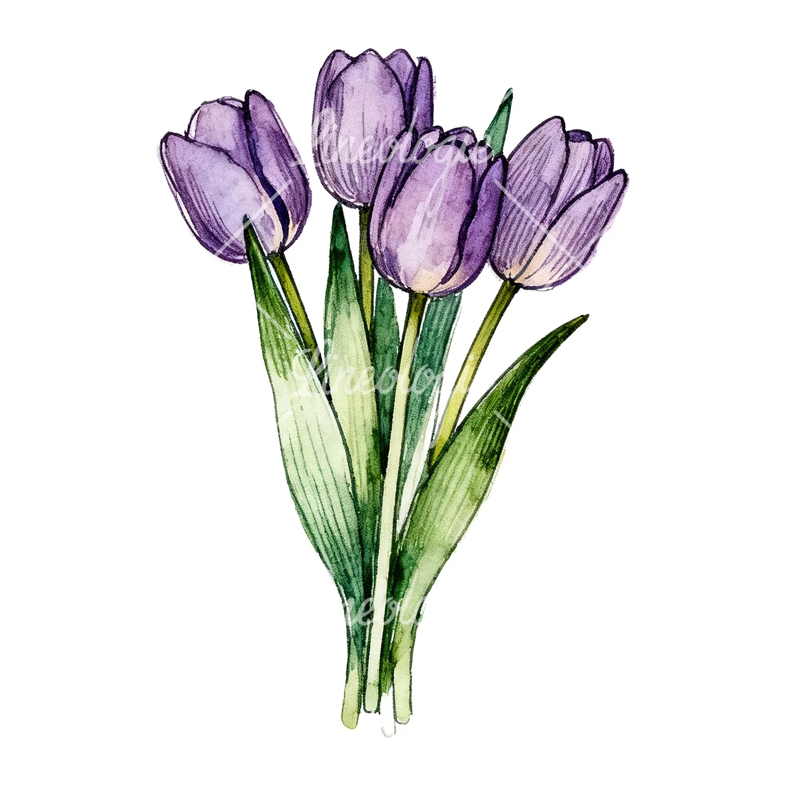 Watercolor tight purple tulip bouquet clipart 4 of 9 on a white background (JPG)