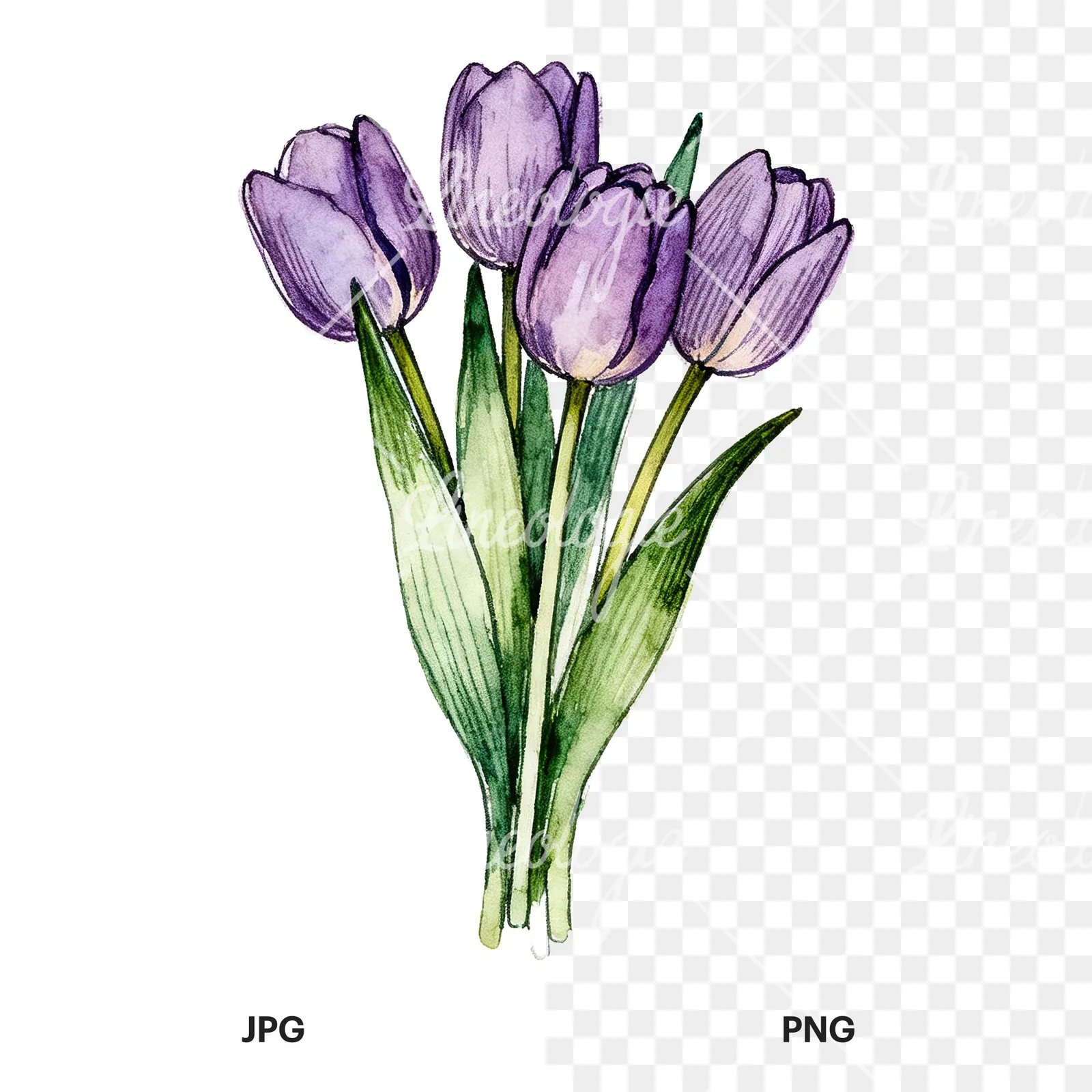 Watercolor tight purple tulip bouquet clipart 4 of 9, as a JPG on white and a transparent PNG