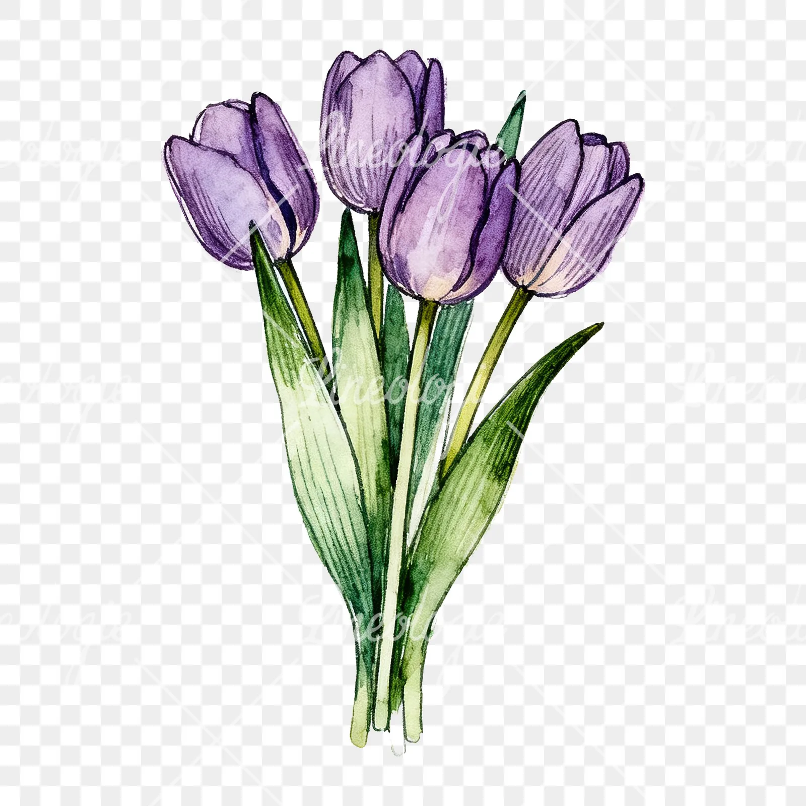 Watercolor tight purple tulip bouquet clipart 4 of 9 on a transparent background (PNG)