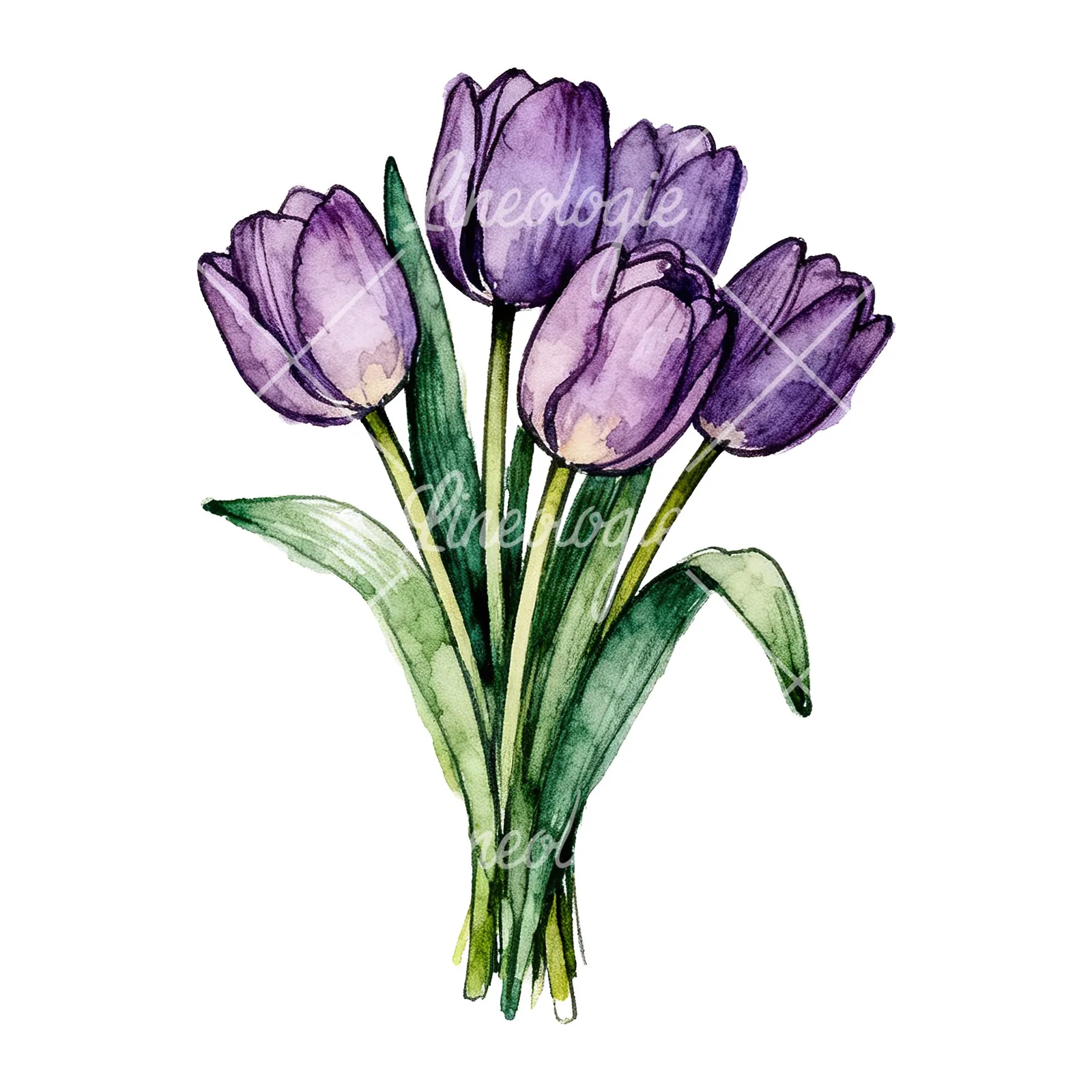 Watercolor tight purple tulip bouquet clipart 6 of 9 on a white background (JPG)