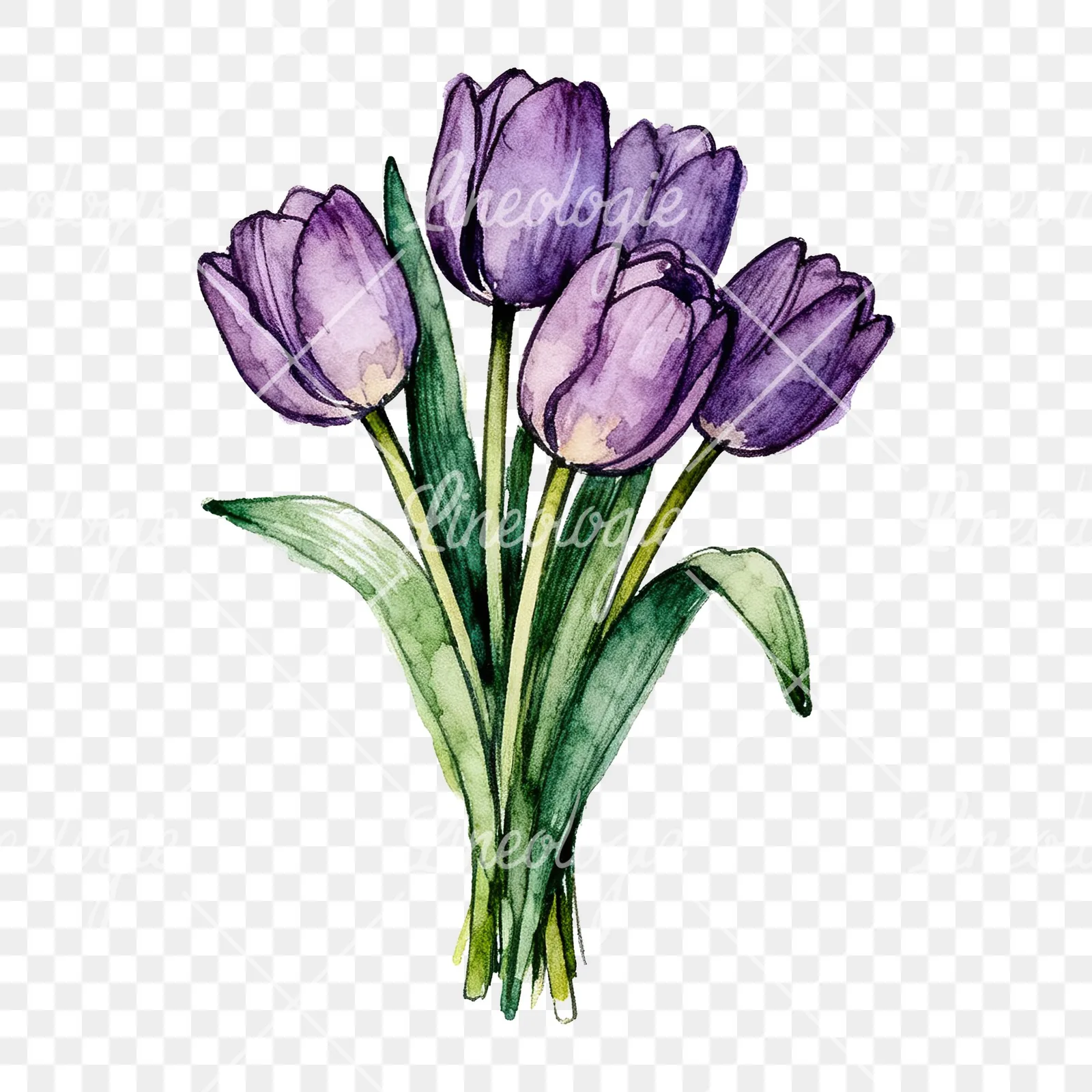 Watercolor tight purple tulip bouquet clipart 6 of 9 on a transparent background (PNG)