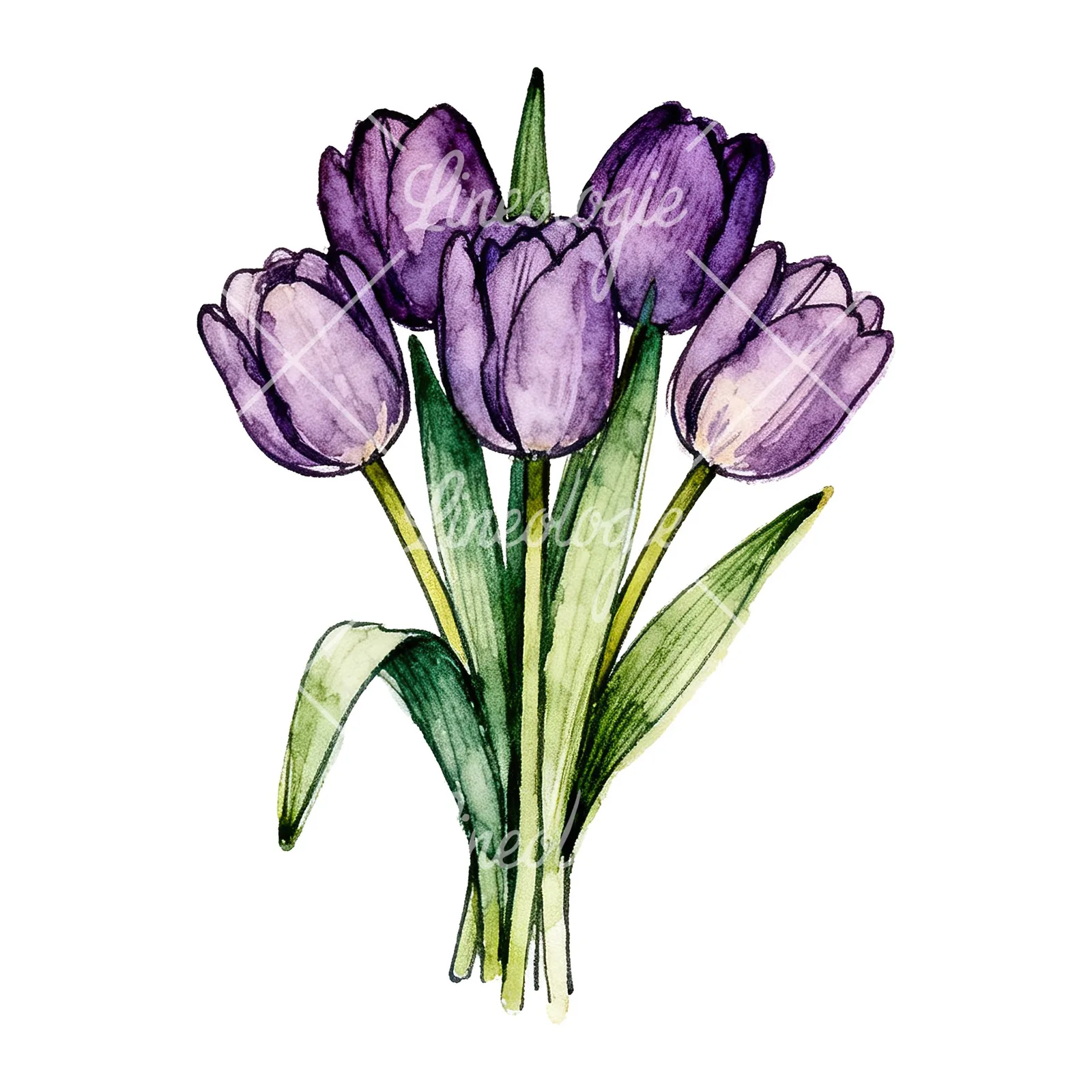 Watercolor tight purple tulip bouquet clipart 7 of 9 on a white background (JPG)