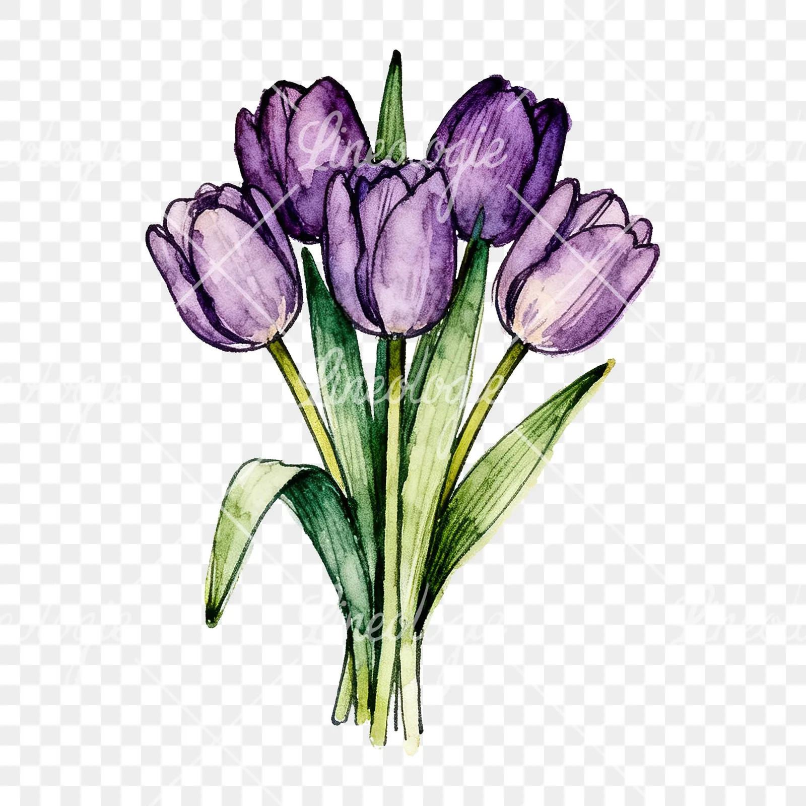 Watercolor tight purple tulip bouquet clipart 7 of 9 on a transparent background (PNG)