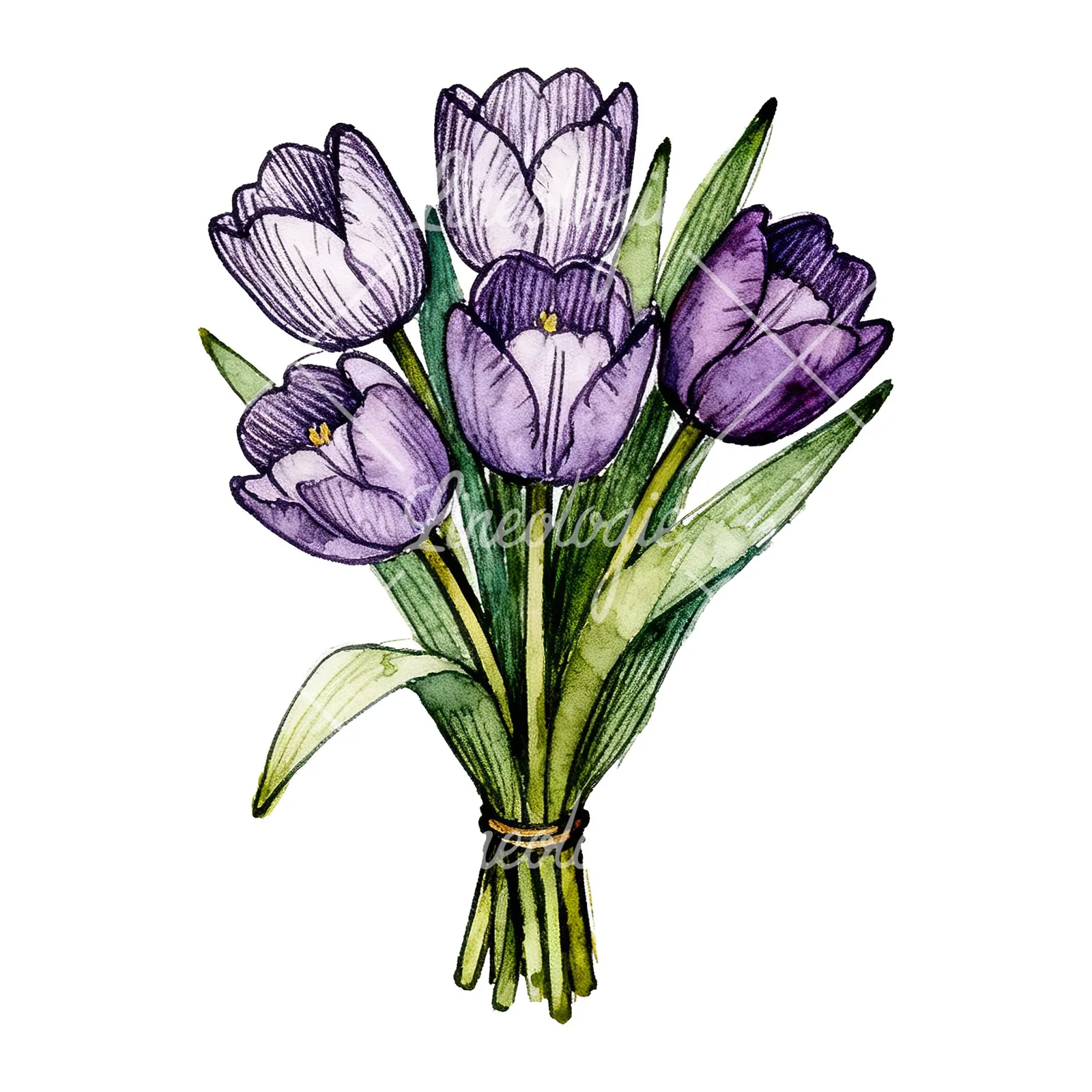 Watercolor tight purple tulip bouquet clipart 8 of 9 on a white background (JPG)