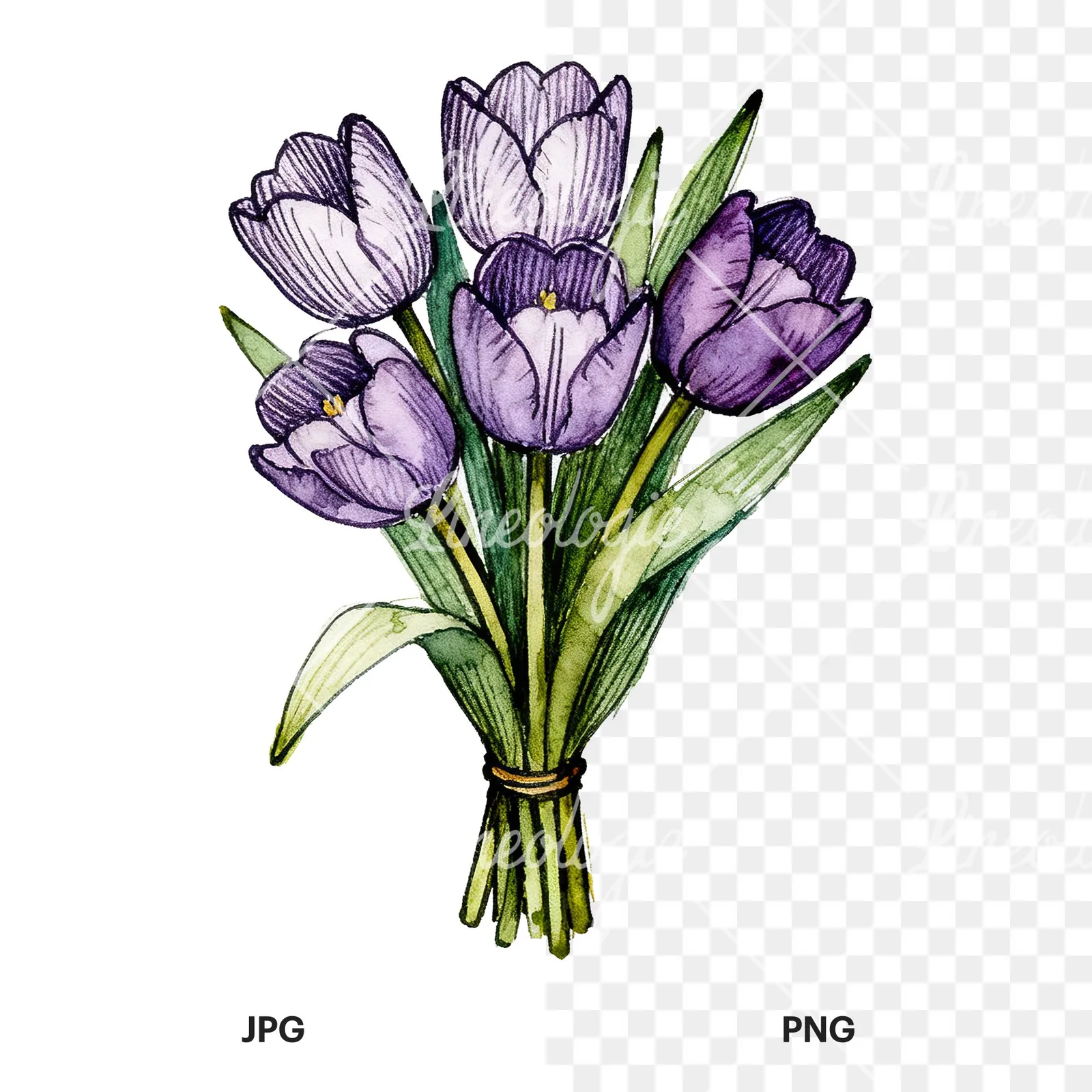 Watercolor tight purple tulip bouquet clipart 8 of 9, as a JPG on white and a transparent PNG