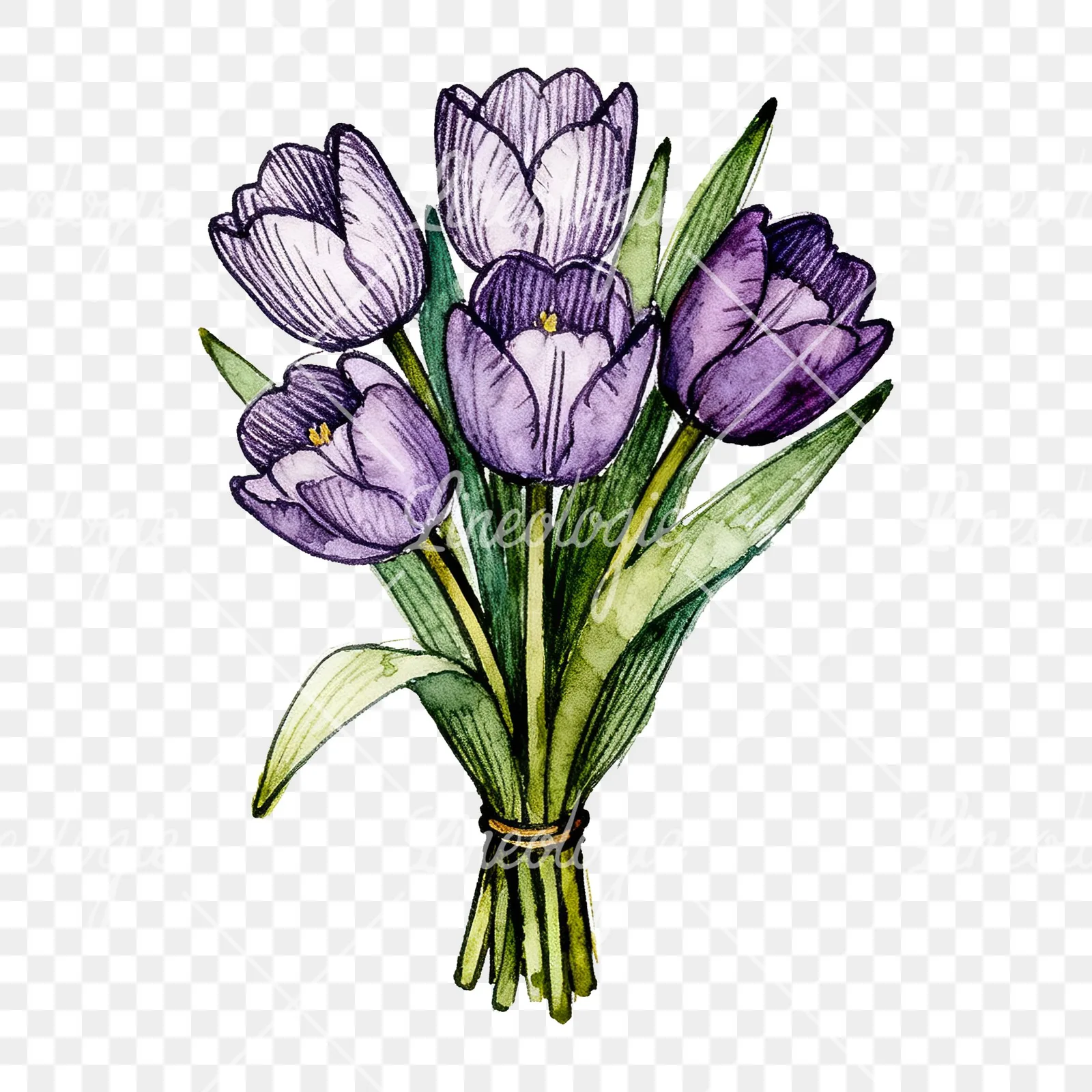 Watercolor tight purple tulip bouquet clipart 8 of 9 on a transparent background (PNG)
