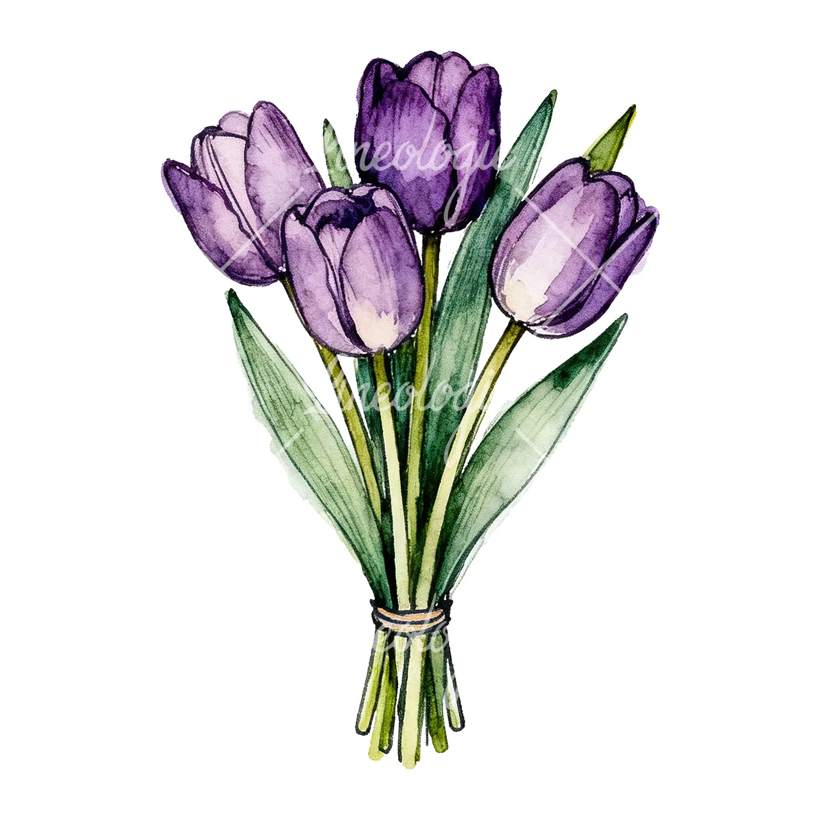 Watercolor tight purple tulip bouquet clipart 9 of 9 on a white background (JPG)