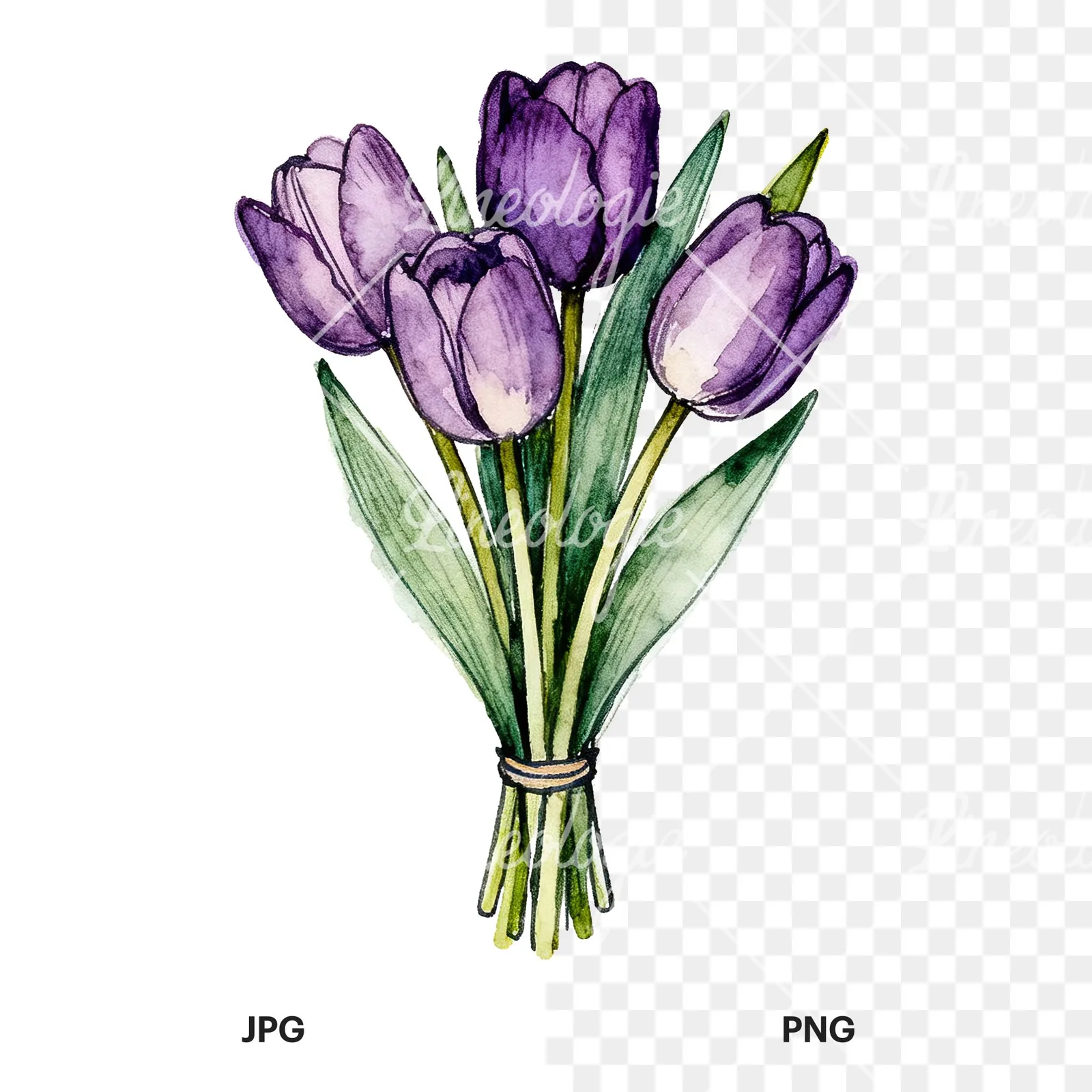 Watercolor tight purple tulip bouquet clipart 9 of 9, as a JPG on white and a transparent PNG