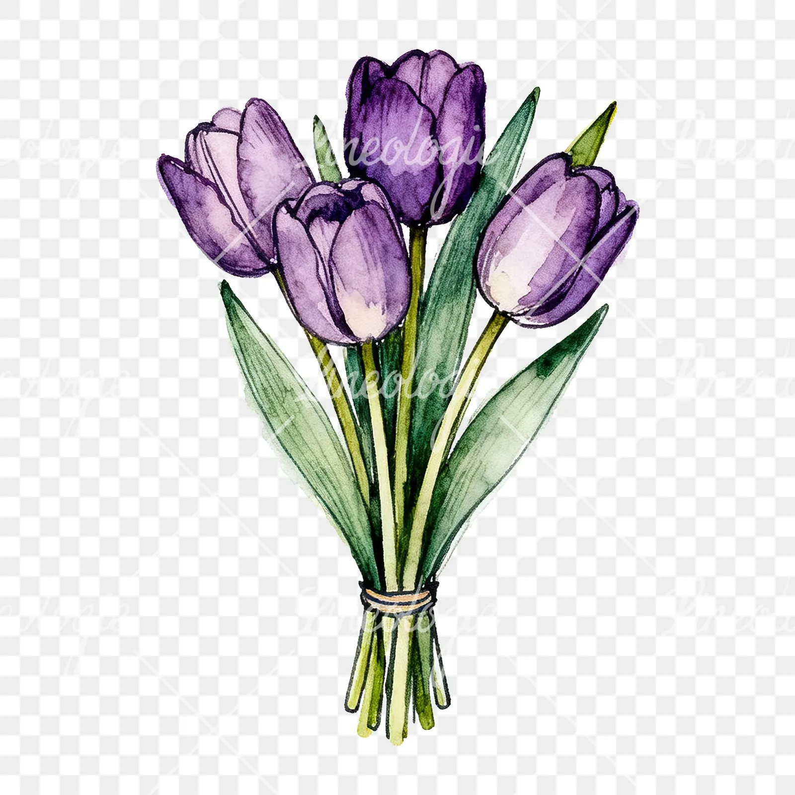 Watercolor tight purple tulip bouquet clipart 9 of 9 on a transparent background (PNG)