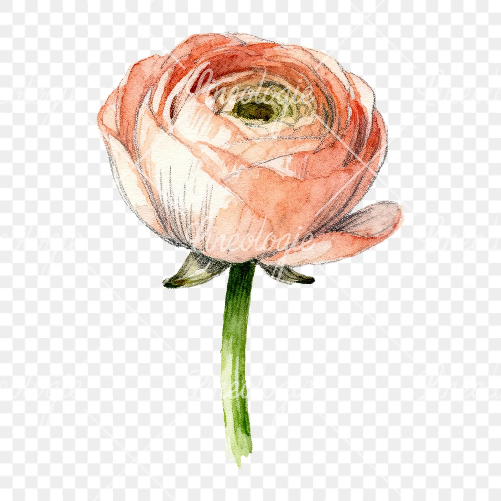 Watercolor multicolor ranunculus blooms clipart 7 of 9 on a transparent background (PNG)