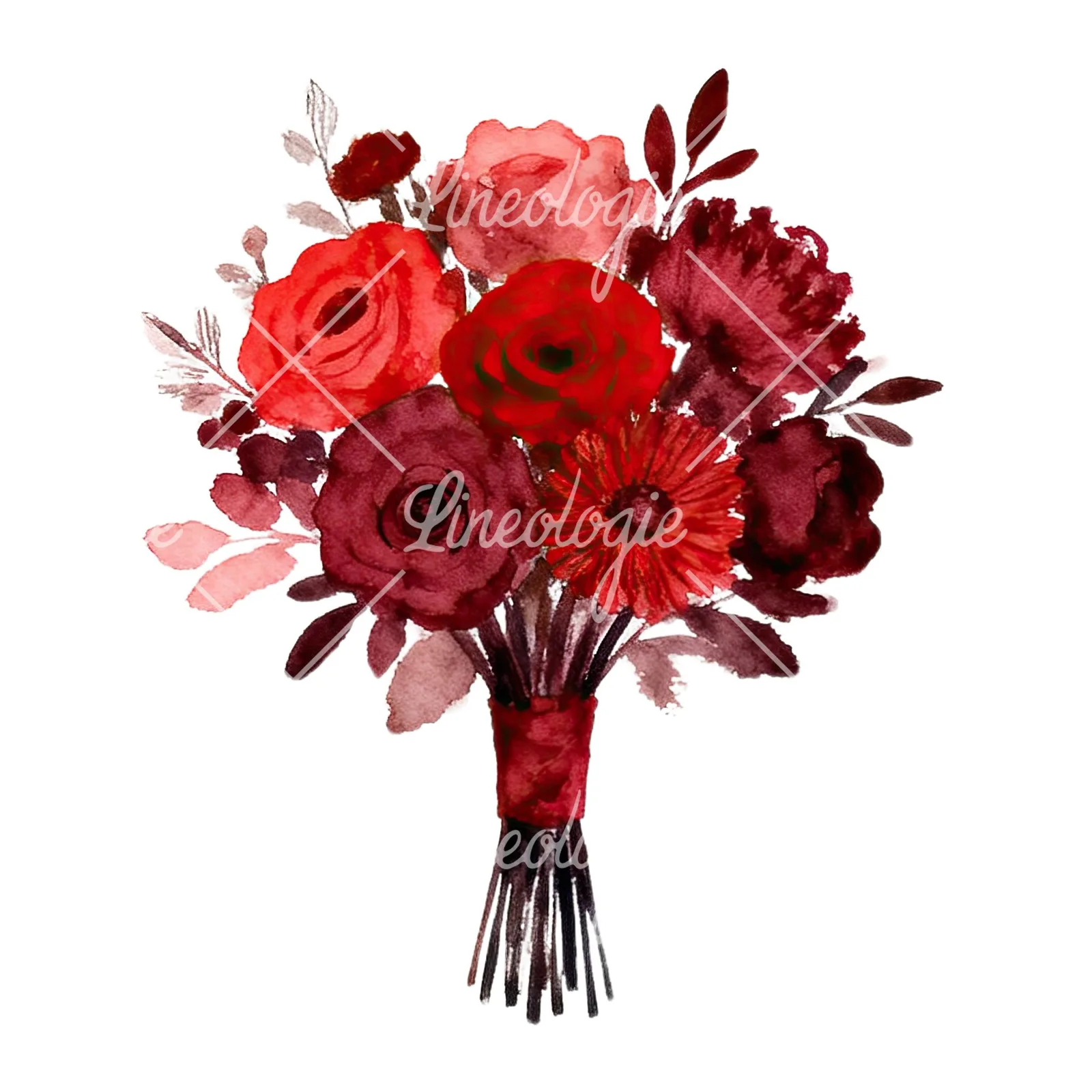 Watercolor red and burgundy wedding bouquet with ribbon clipart 1 of 9 on a white background (JPG)