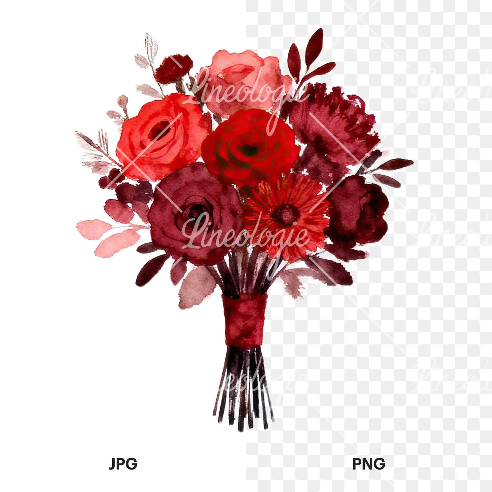 Watercolor red and burgundy wedding bouquet with ribbon clipart 1 of 9, as a JPG on white and a transparent PNG