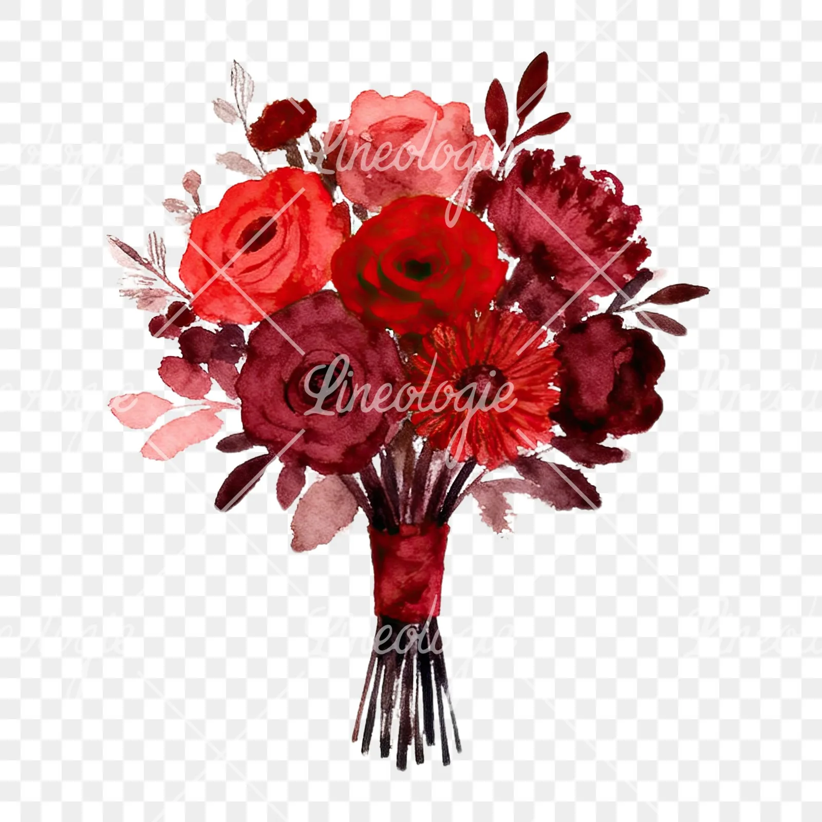 Watercolor red and burgundy wedding bouquet with ribbon clipart 1 of 9 on a transparent background (PNG)