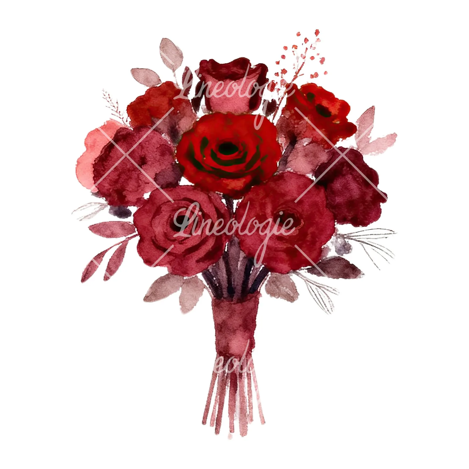 Watercolor red and burgundy wedding bouquet with ribbon clipart 2 of 9 on a white background (JPG)