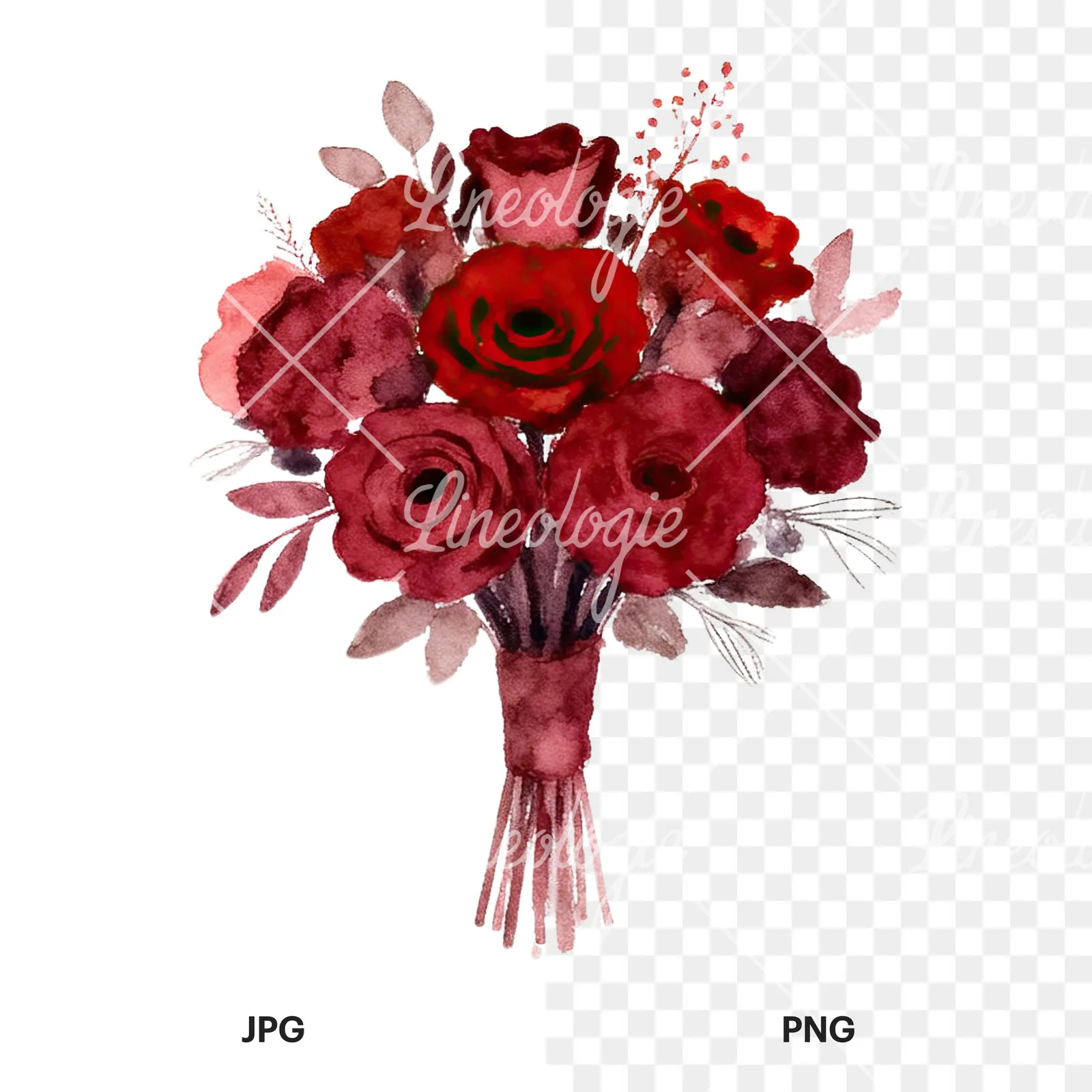 Watercolor red and burgundy wedding bouquet with ribbon clipart 2 of 9, as a JPG on white and a transparent PNG
