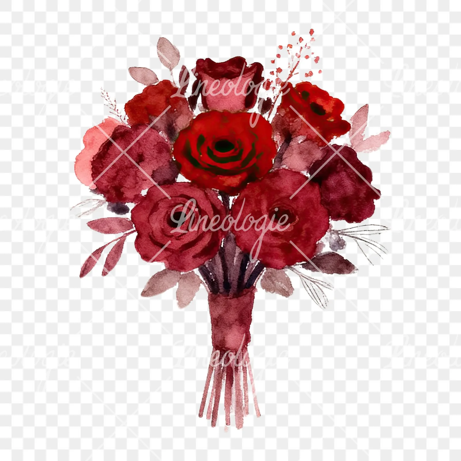 Watercolor red and burgundy wedding bouquet with ribbon clipart 2 of 9 on a transparent background (PNG)