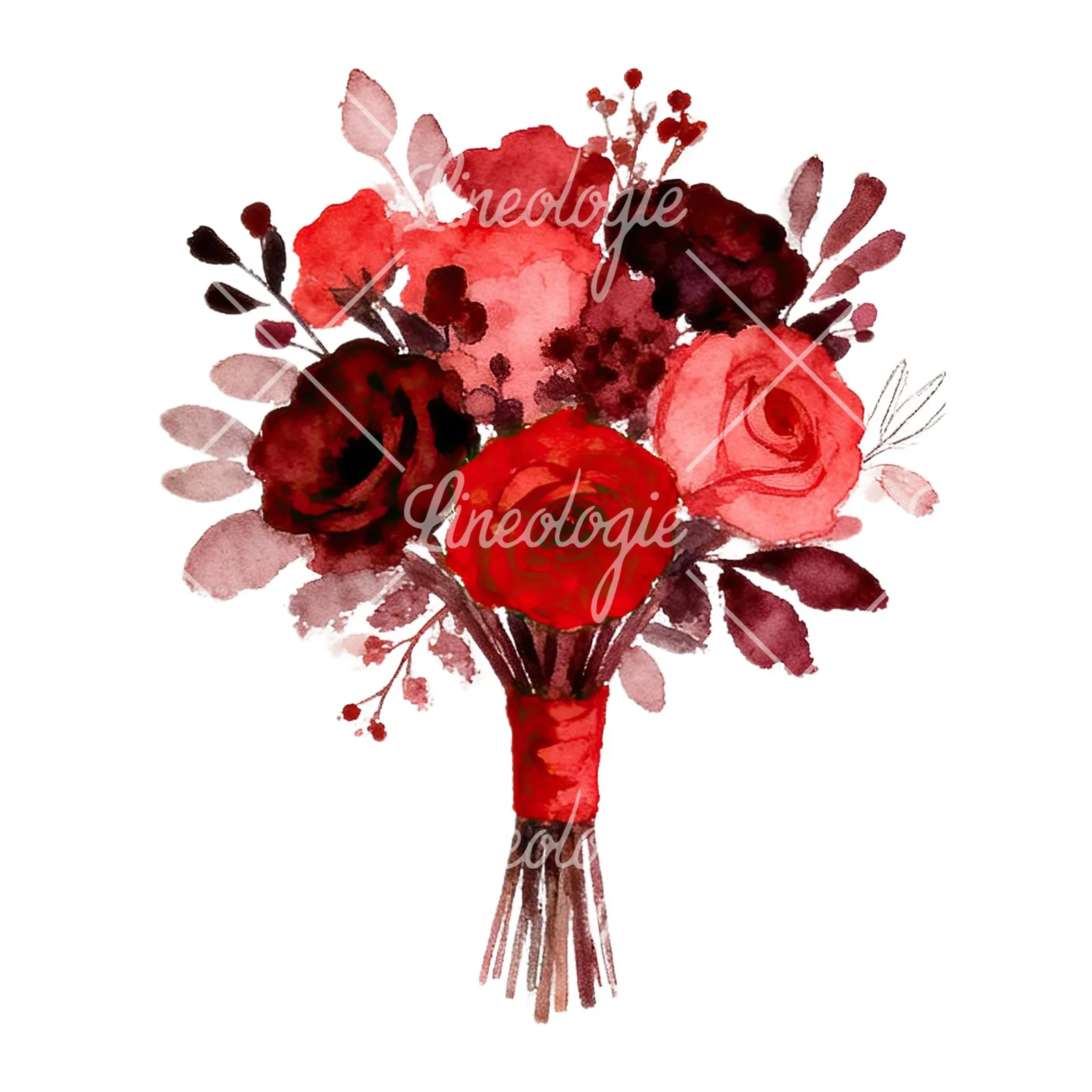 Watercolor red and burgundy wedding bouquet with ribbon clipart 3 of 9 on a white background (JPG)