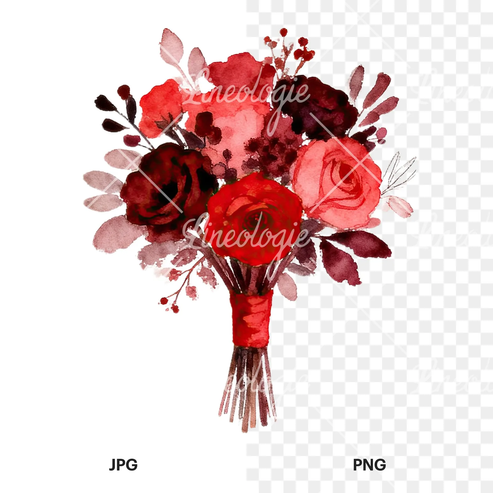 Watercolor red and burgundy wedding bouquet with ribbon clipart 3 of 9, as a JPG on white and a transparent PNG