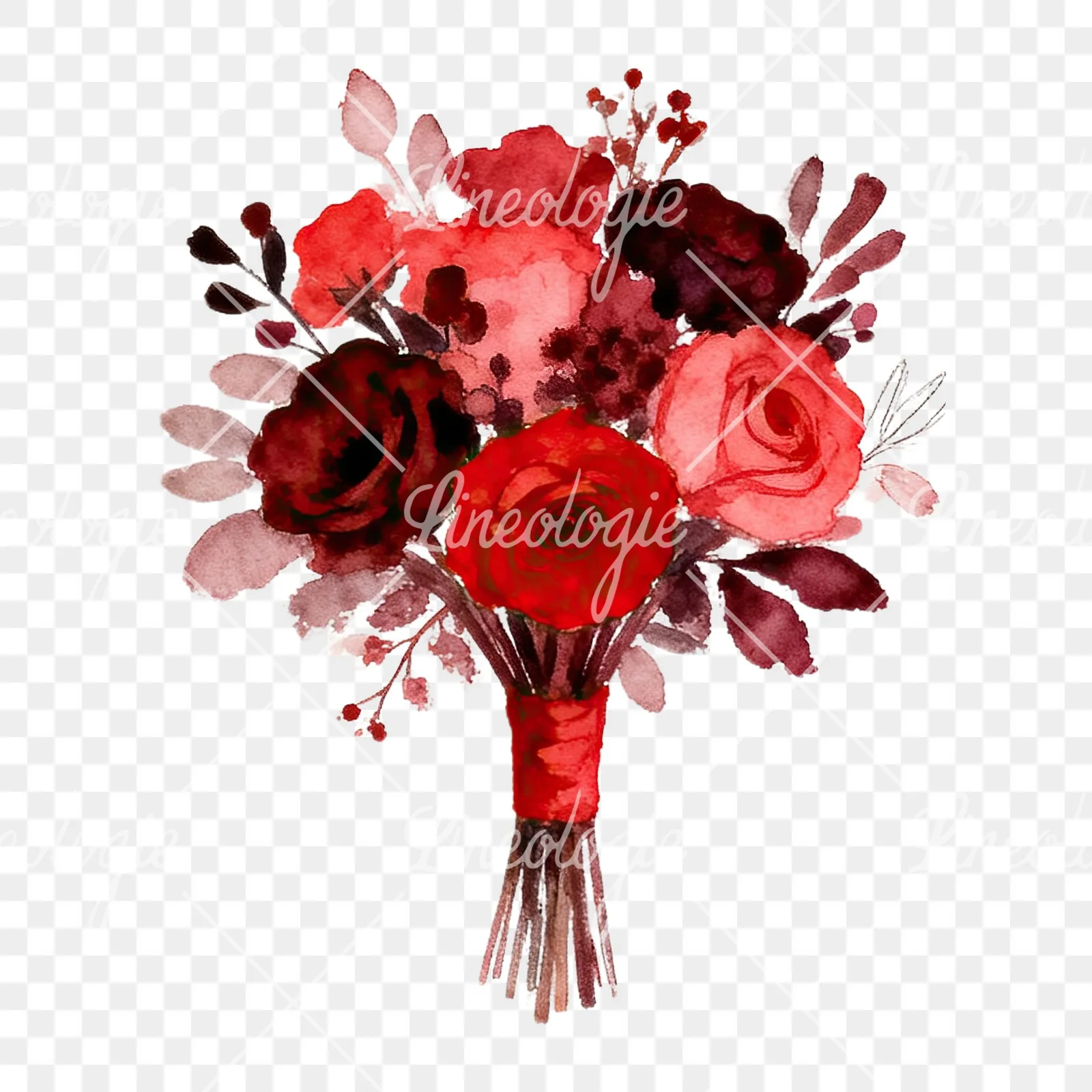 Watercolor red and burgundy wedding bouquet with ribbon clipart 3 of 9 on a transparent background (PNG)
