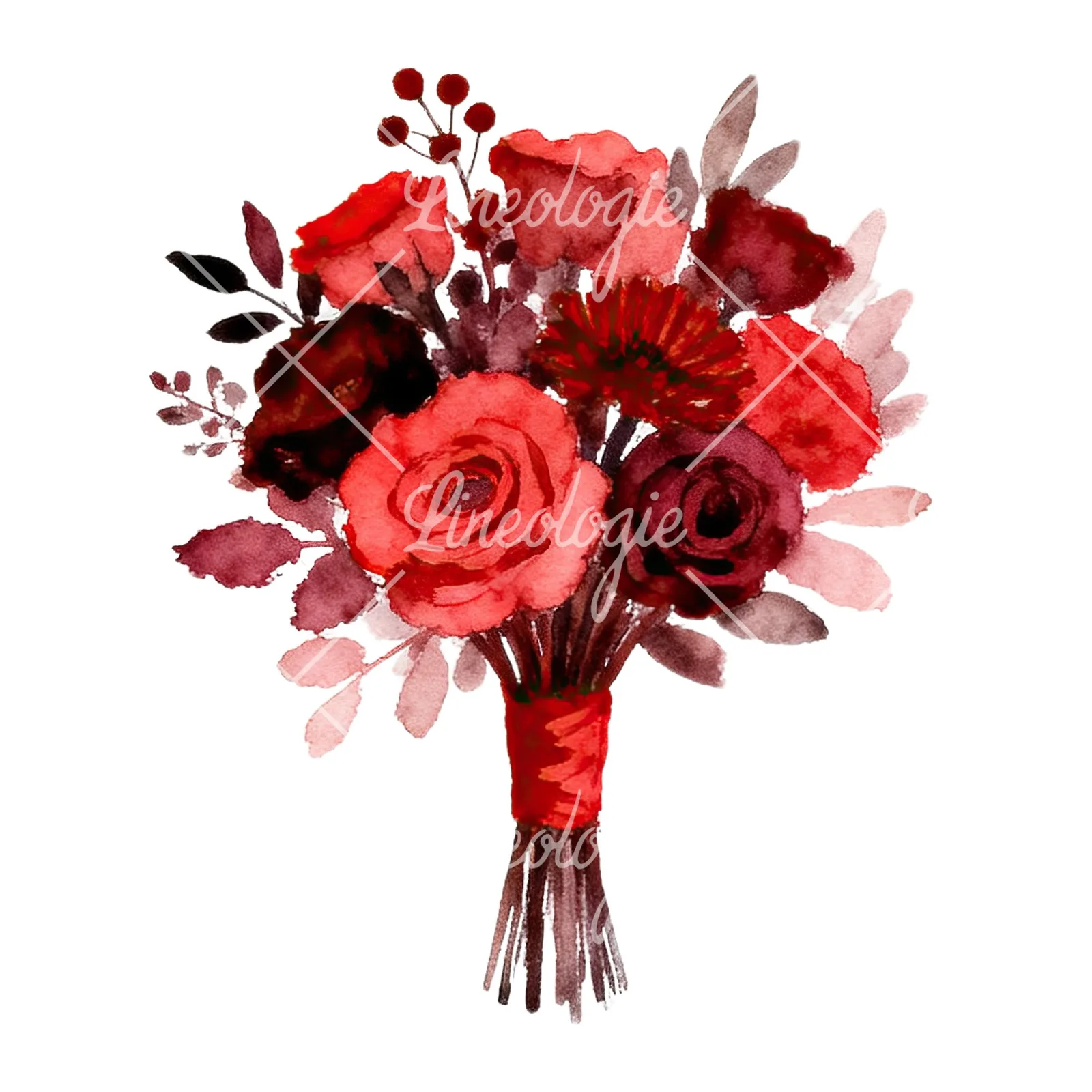 Watercolor red and burgundy wedding bouquet with ribbon clipart 4 of 9 on a white background (JPG)