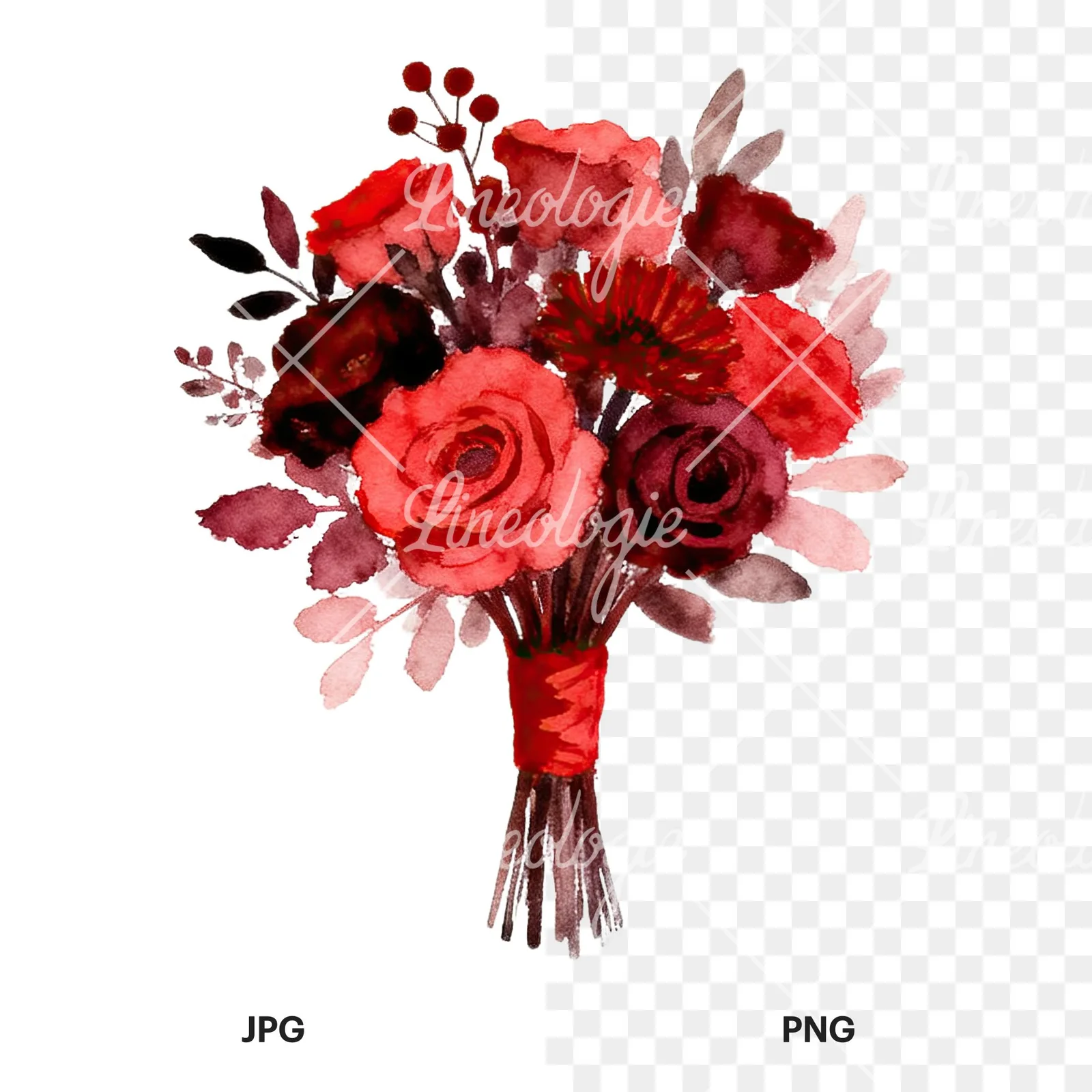 Watercolor red and burgundy wedding bouquet with ribbon clipart 4 of 9, as a JPG on white and a transparent PNG