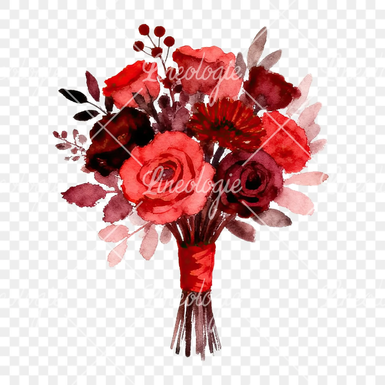 Watercolor red and burgundy wedding bouquet with ribbon clipart 4 of 9 on a transparent background (PNG)