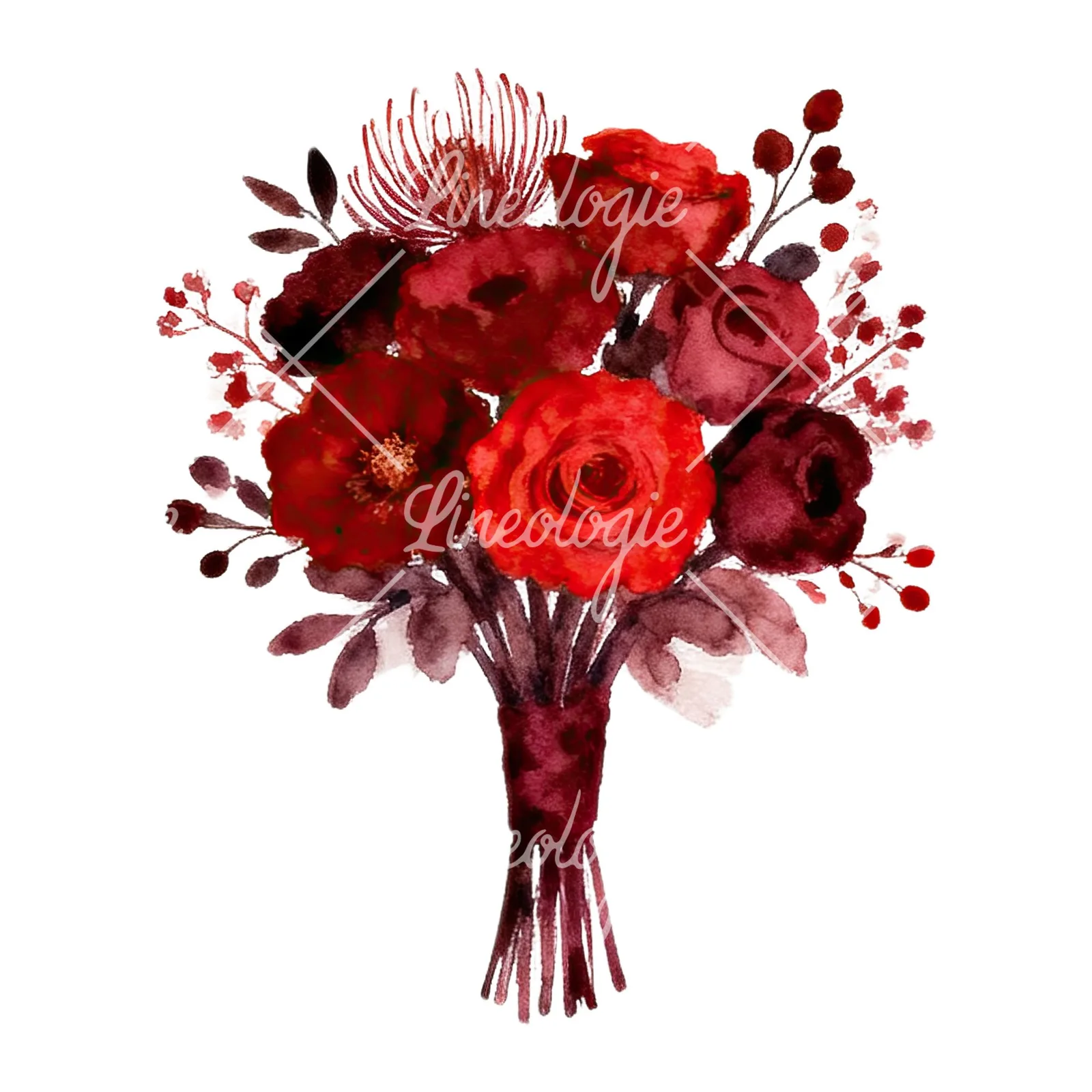 Watercolor red and burgundy wedding bouquet with ribbon clipart 5 of 9 on a white background (JPG)